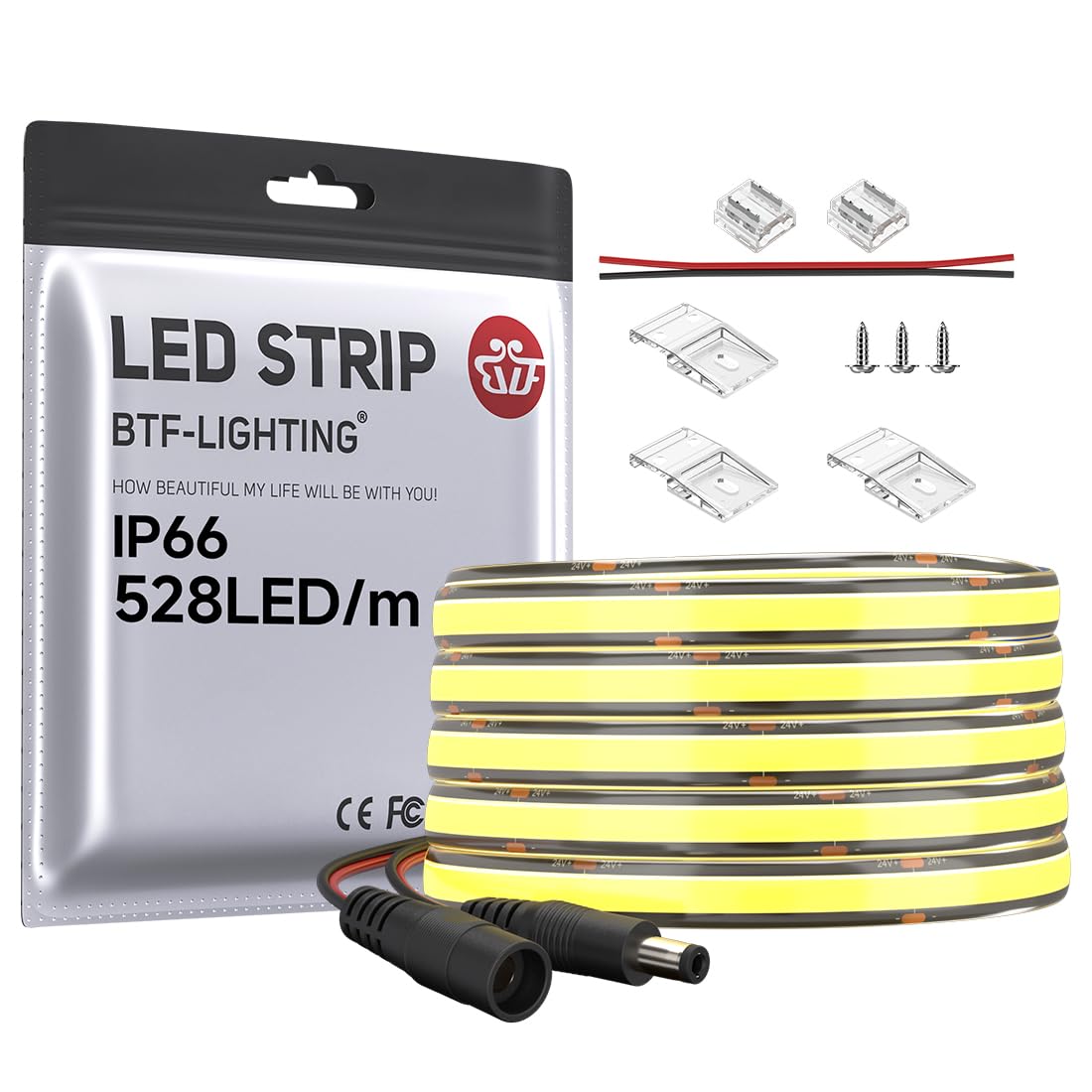 Btf-Lighting Fcob Ip66 Cob Led Strip 528Led/M Dc24V Daylight White 6000K Flexible High Density Uniform Light 14W/M 16.4Ft Cri 90+ 10Mm Width Light For Indoor Decor(No Adapter Or Controller)