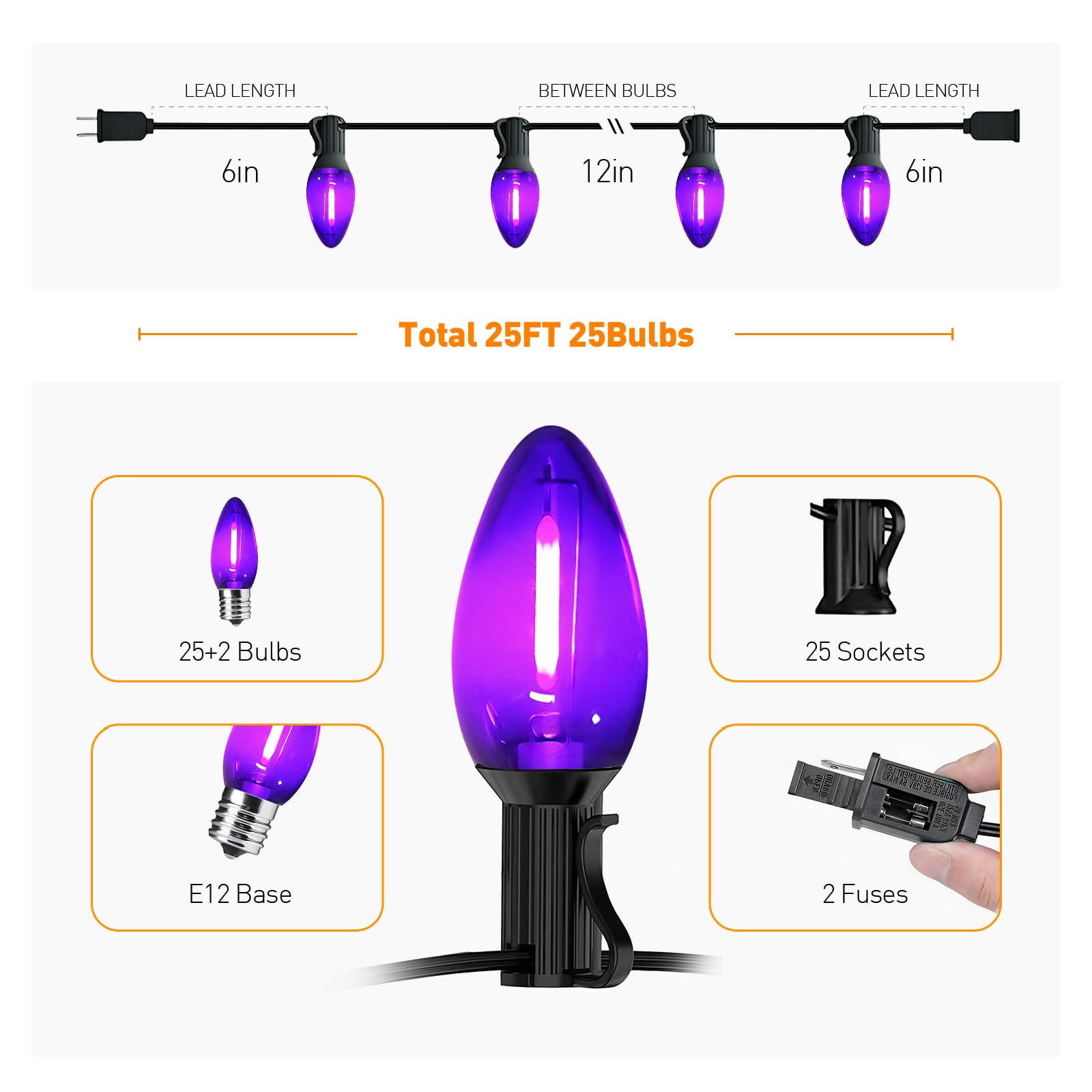 CHYSUPER C7 Christmas Lights, Led Clear Purple Halloween Outdoor String Lights, 25FT Commercial Grade Patio Light with 27 C7 Bul