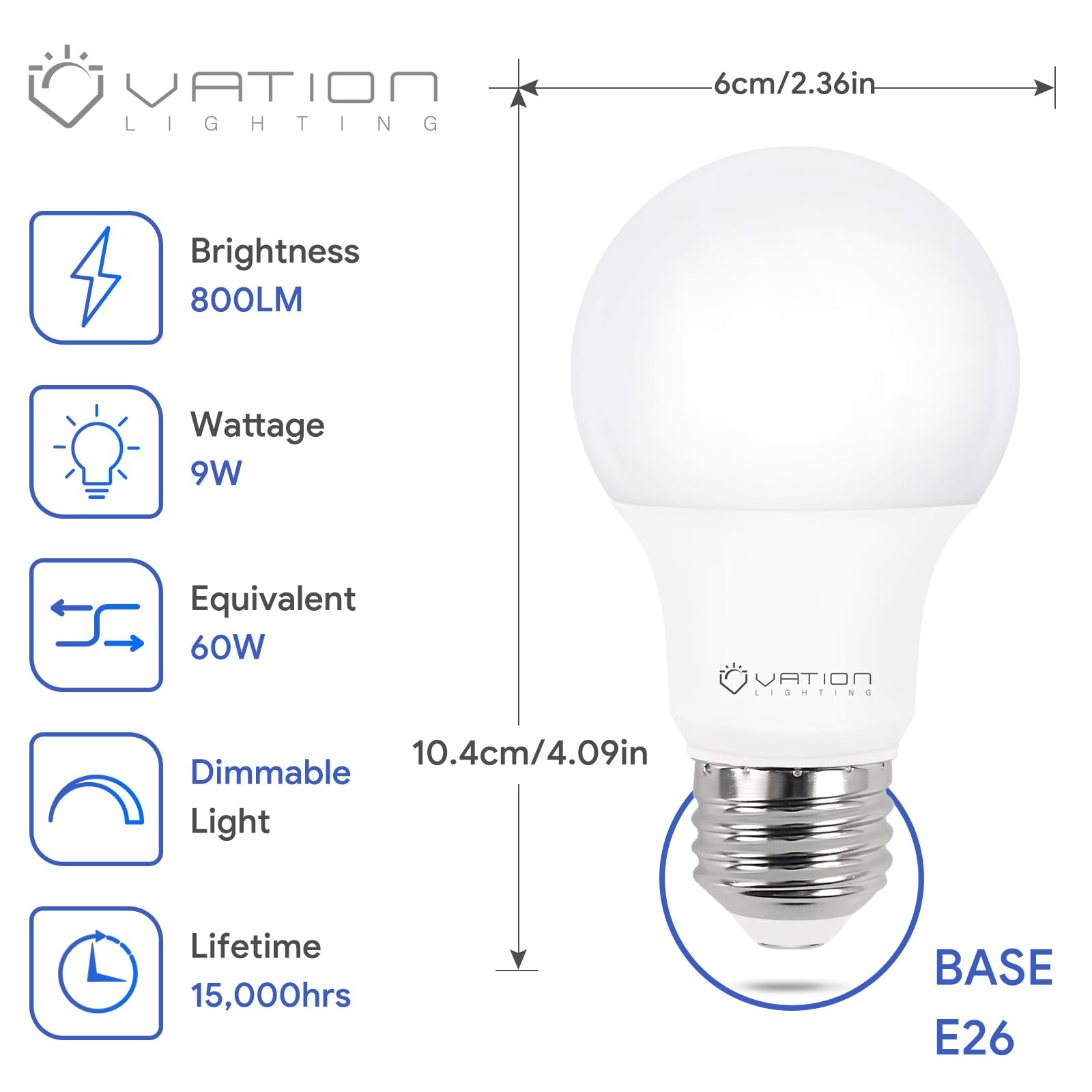 VATION LIGHTING A19 LED Light Bulb, 9W Dimmable Daylight 5000K, 800 Lumens, E26 Base, 12 Pack, ETL/UL
