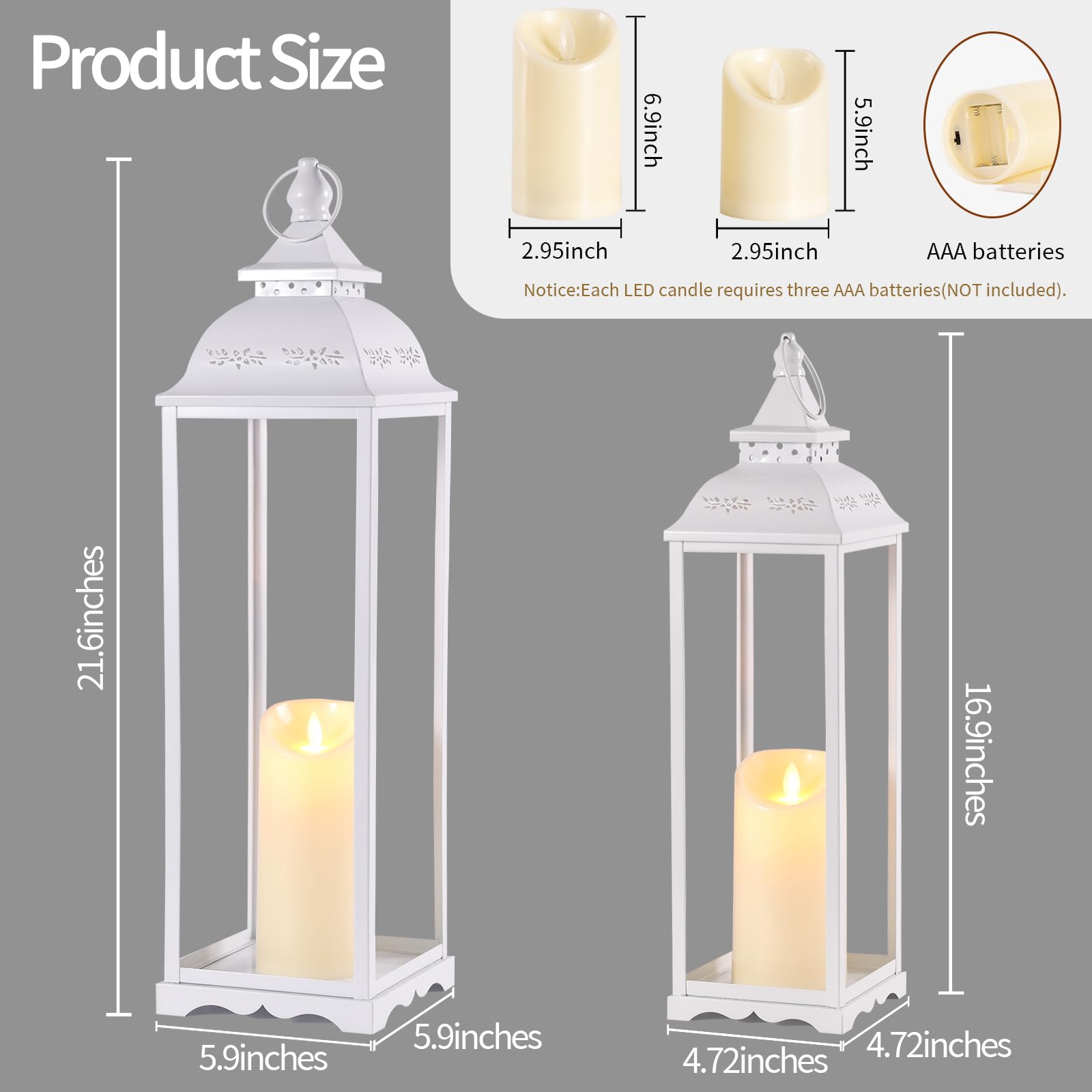 HAVITI 2 Pack Large Lanterns, White Metal Decorative Indoor/Outdoor, 22in & 17in, with 2 Flameless Candles, Farmhouse Style