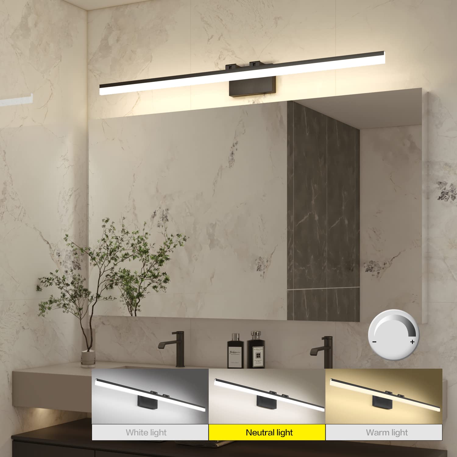 SOLFART 47in Dimmable LED Vanity Light, 3 Color Temperatures, Matt Black, Aluminum & Acrylic