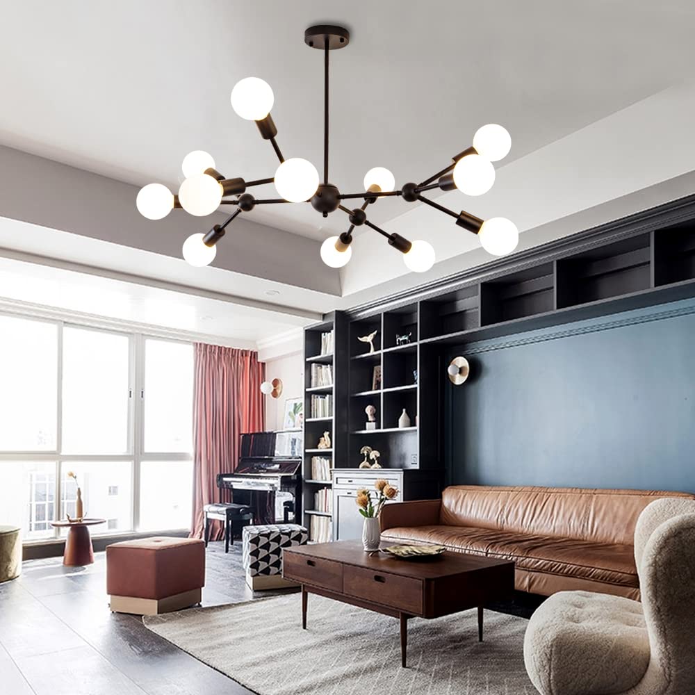 Quoobe Modern Black Sputnik Chandelier,12 Lights Metal Semi Flush Mount Ceiling Light Fixture For Bedroom Study Living Room Dini