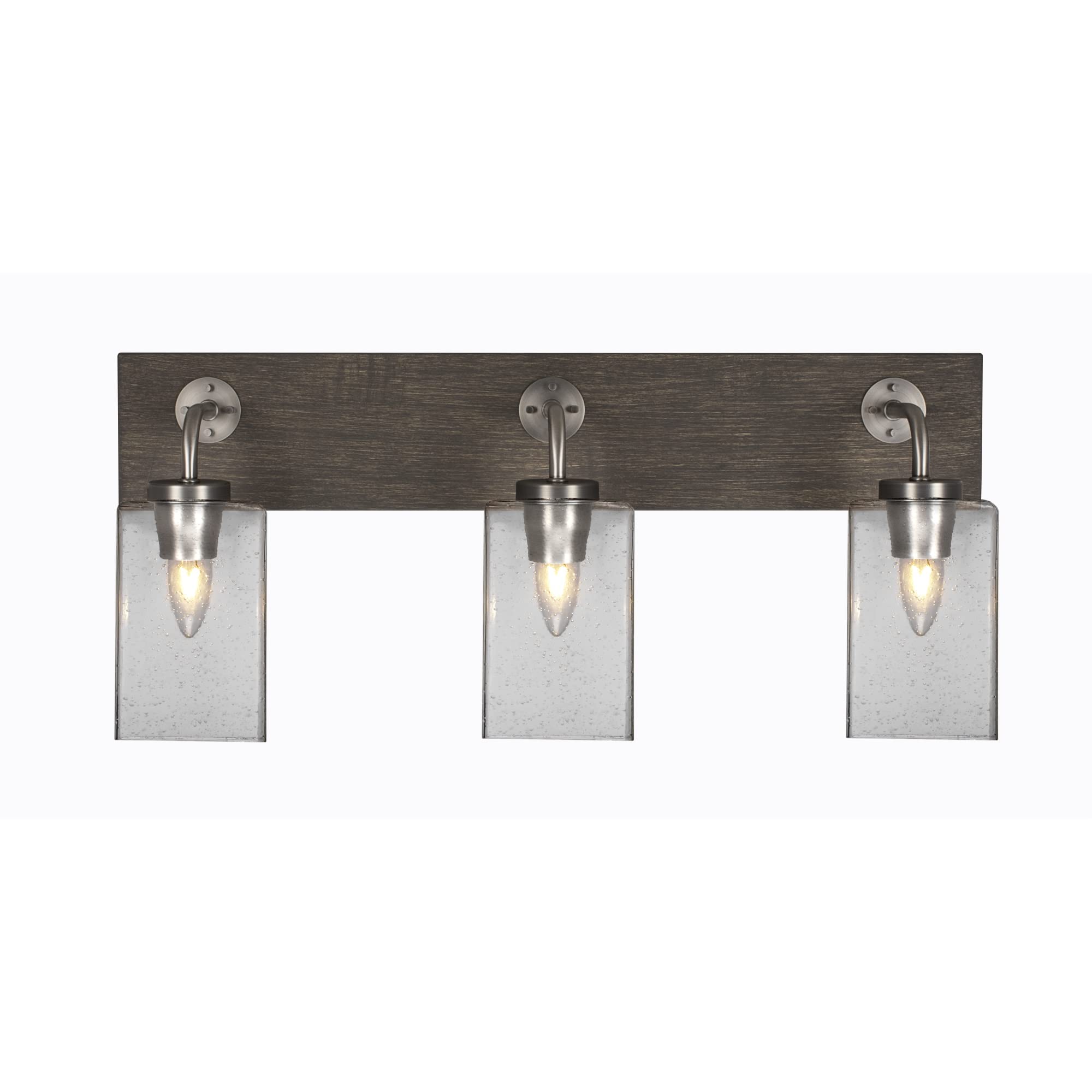 Oxbridge 3 Light Bath Bar In Graphite & Painted Distressed Wood-Look Metal Finish With 4" Square Clear Bubble Glass