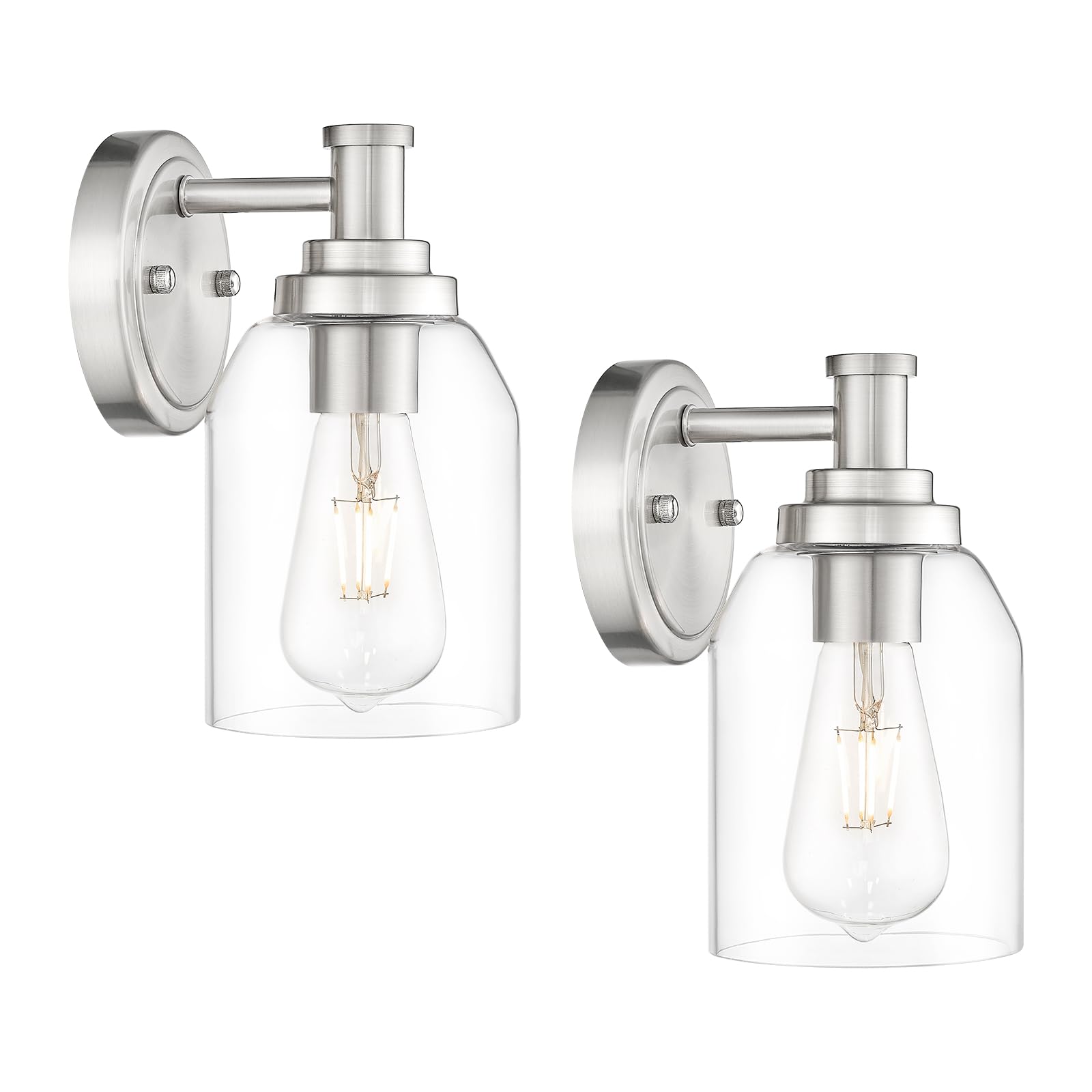 zeyu Industrial Wall Sconces Set of 2, Brushed Nickel + Clear Glass, Model ZG33B-2 BN, Indoor Lighting for Bathroom, Bedroom, Living Room