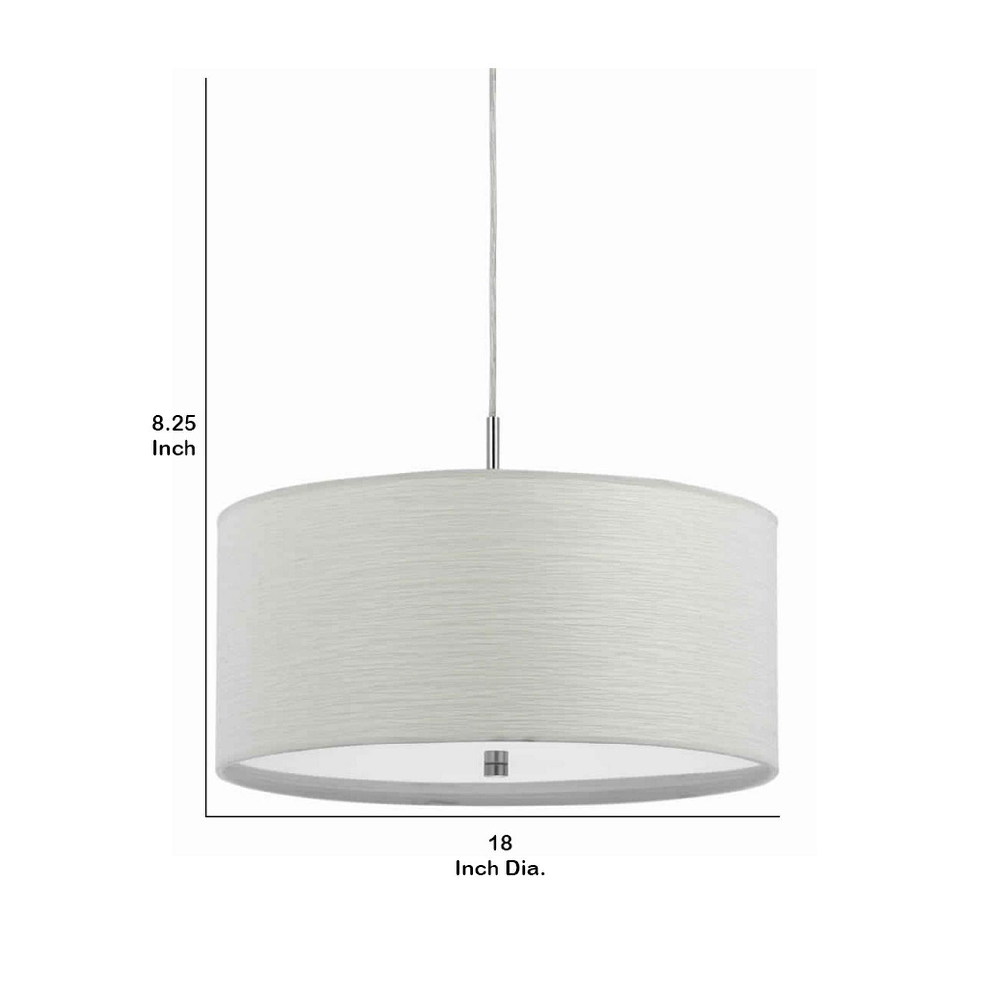 Benjara Drum Style Pendant Fixture With Fabric Shade And Brushed Details, White