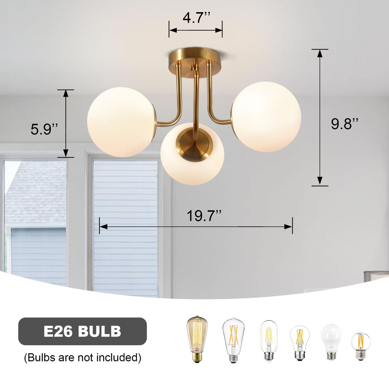Bektas 3-Lights Semi Flush Mount Ceiling Light Fixture, Brushed Gold with White Globe, Model 303-230616BA-US479, Ideal for Bedroom & Living Room