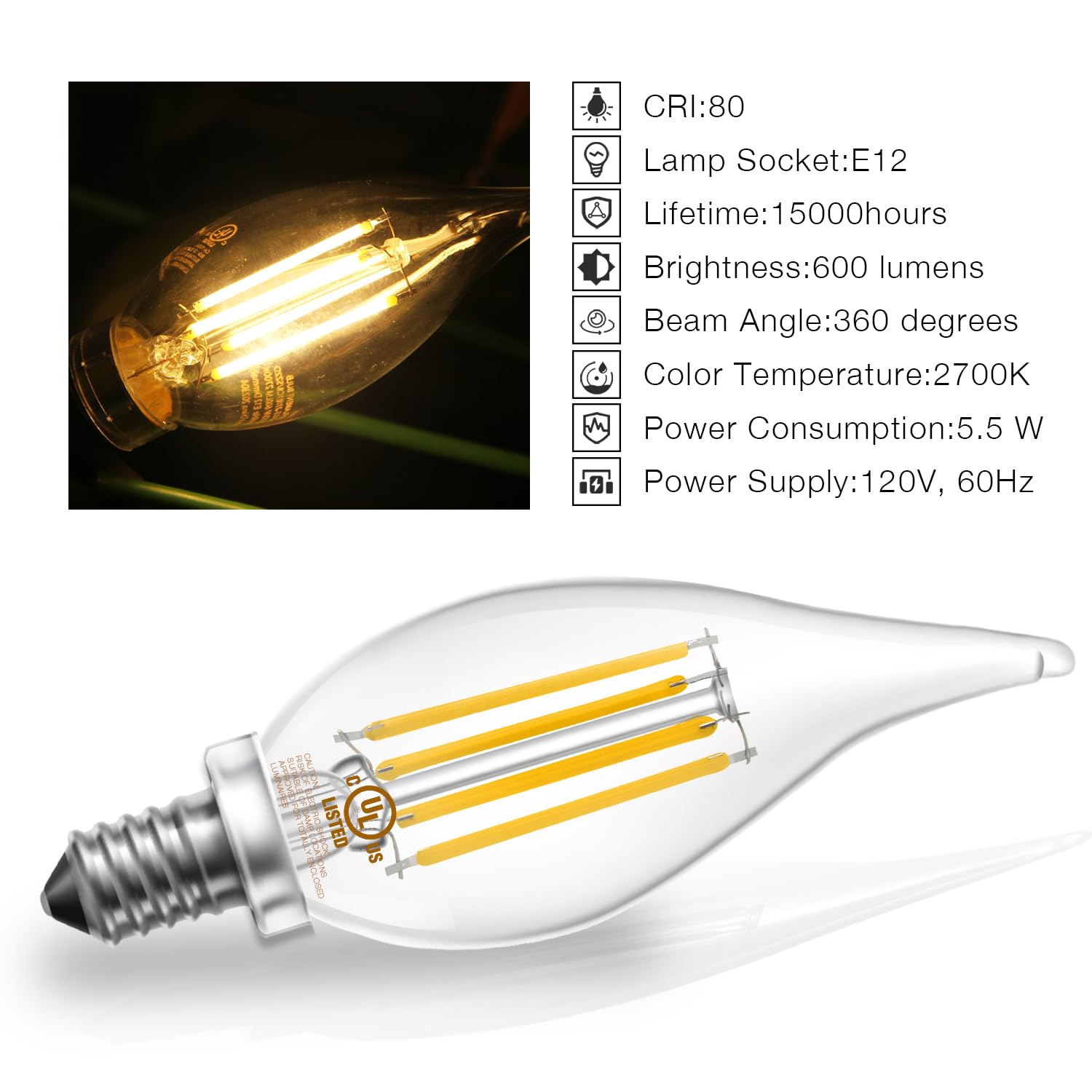DAYBETTER Candelabra Light Bulbs, 60W Equivalent Dimmable E12 LED, 2700K Warm White, 5.5W, 600LM, Flame Tip,