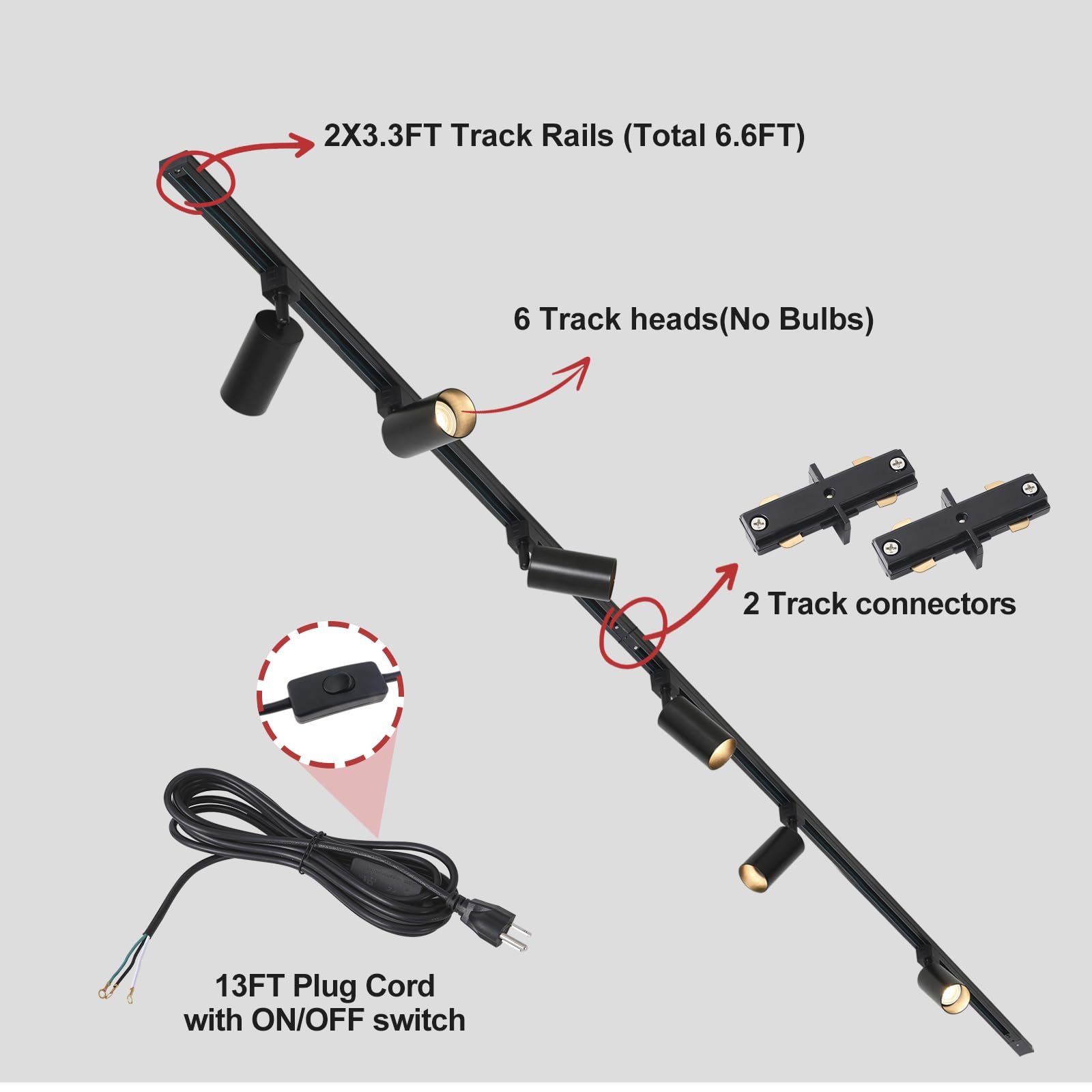 Lraemxg Plug In Track Lighting With Power Cord, 6-Light Gu10 Track Lighting Kit With 6.6Ft H Type Track Lighting Rails, Modern Kitchen Led Track Lighting Fixtures Ceiling Spot Light, Black (No Bulbs)