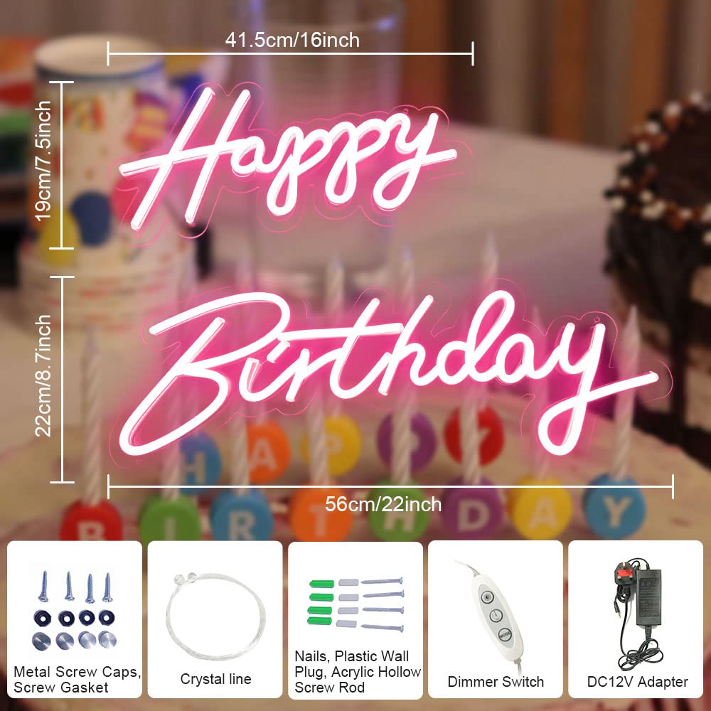 Divatla 40" Happy Birthday Neon Sign - Pink LED Light with Dimmable Switch, Acrylic, 2PCS for Party Decoration