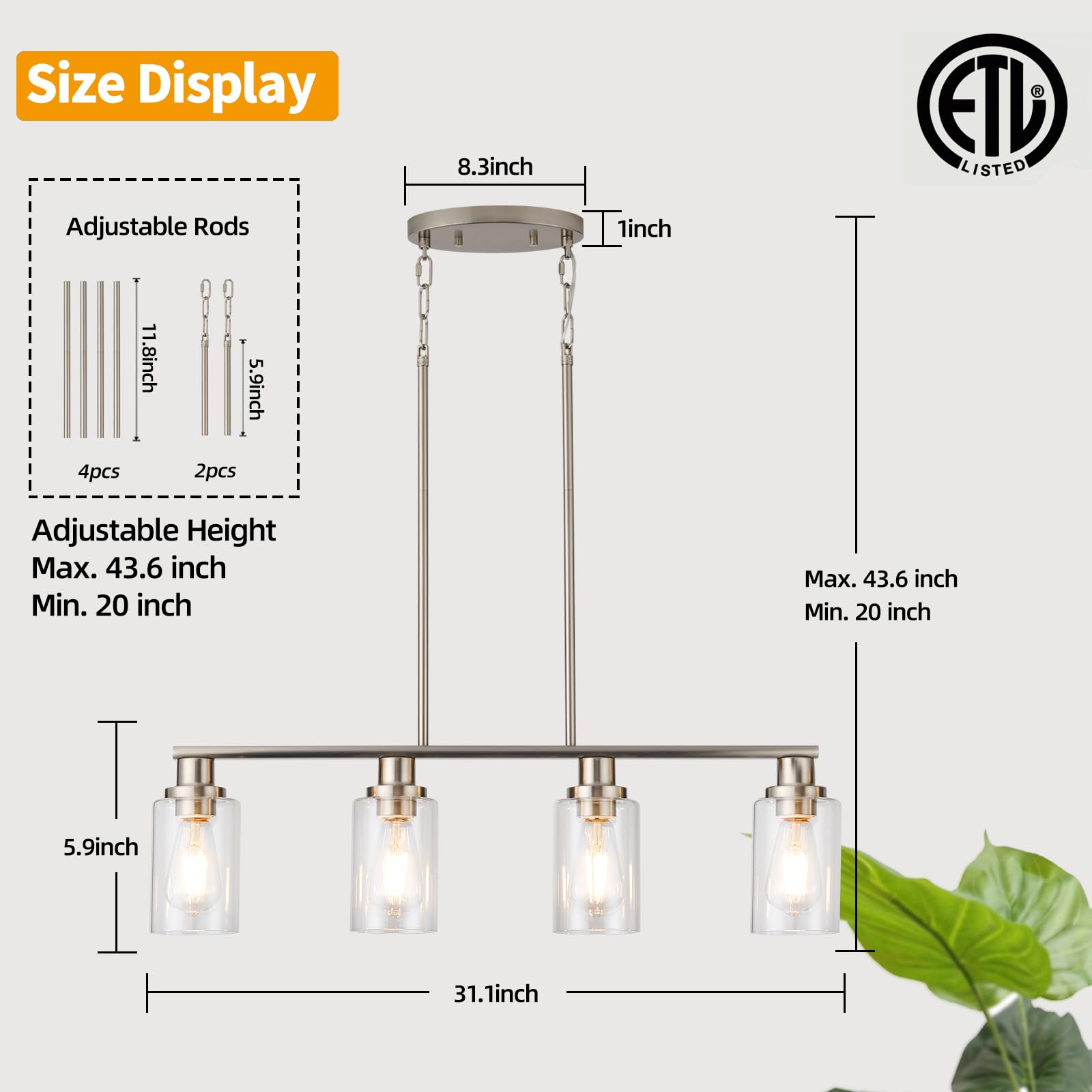 KPIOK 4-Light Kitchen Island Lighting Chandelier, Satin Brushed Nickel, Metal with Clear Glass Shade, Model BB003P-