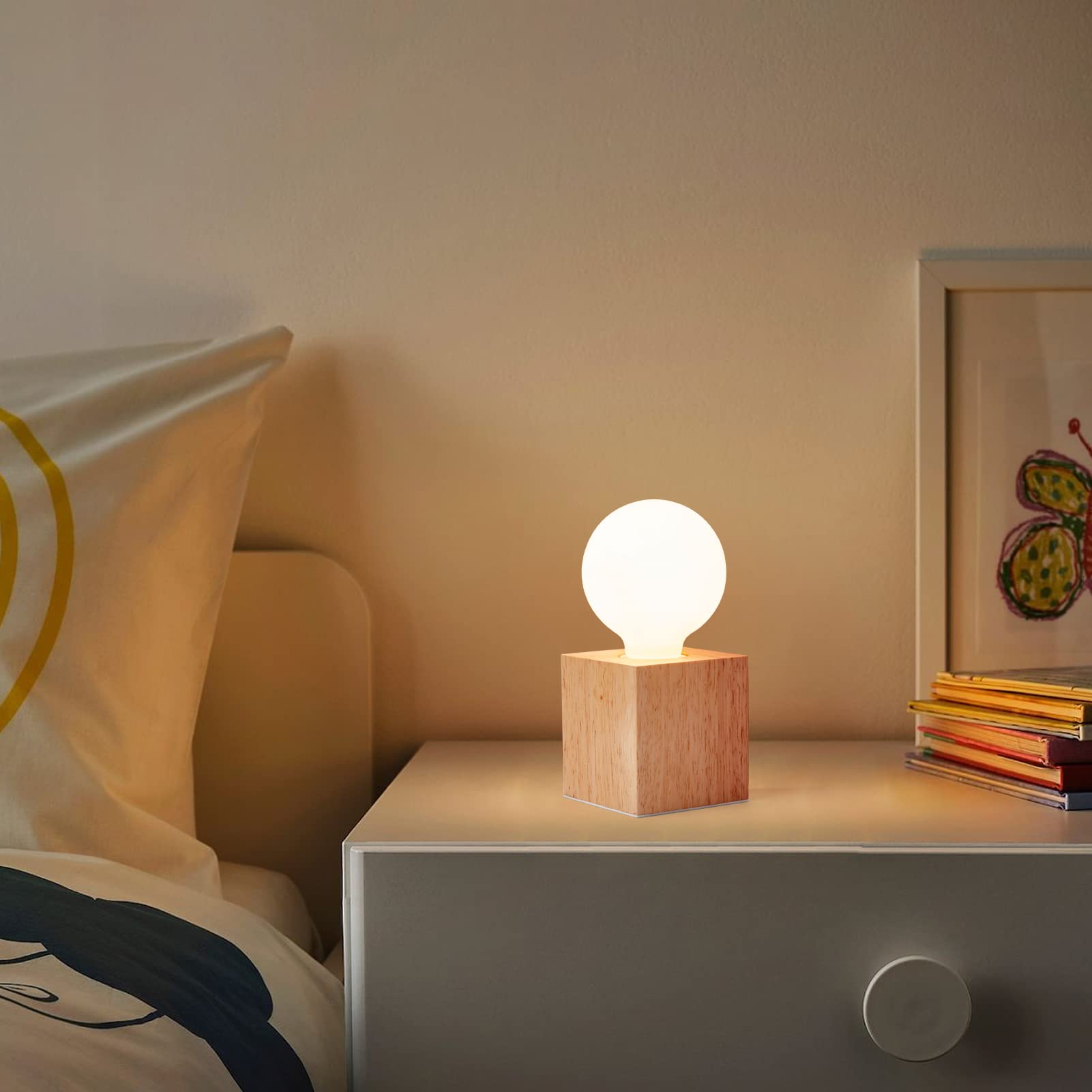 OuXean Vintage Table Lamp - Small Wooden Base Night Light for Bedroom & Living Room, Square Design, E26 60W, Antique Decor