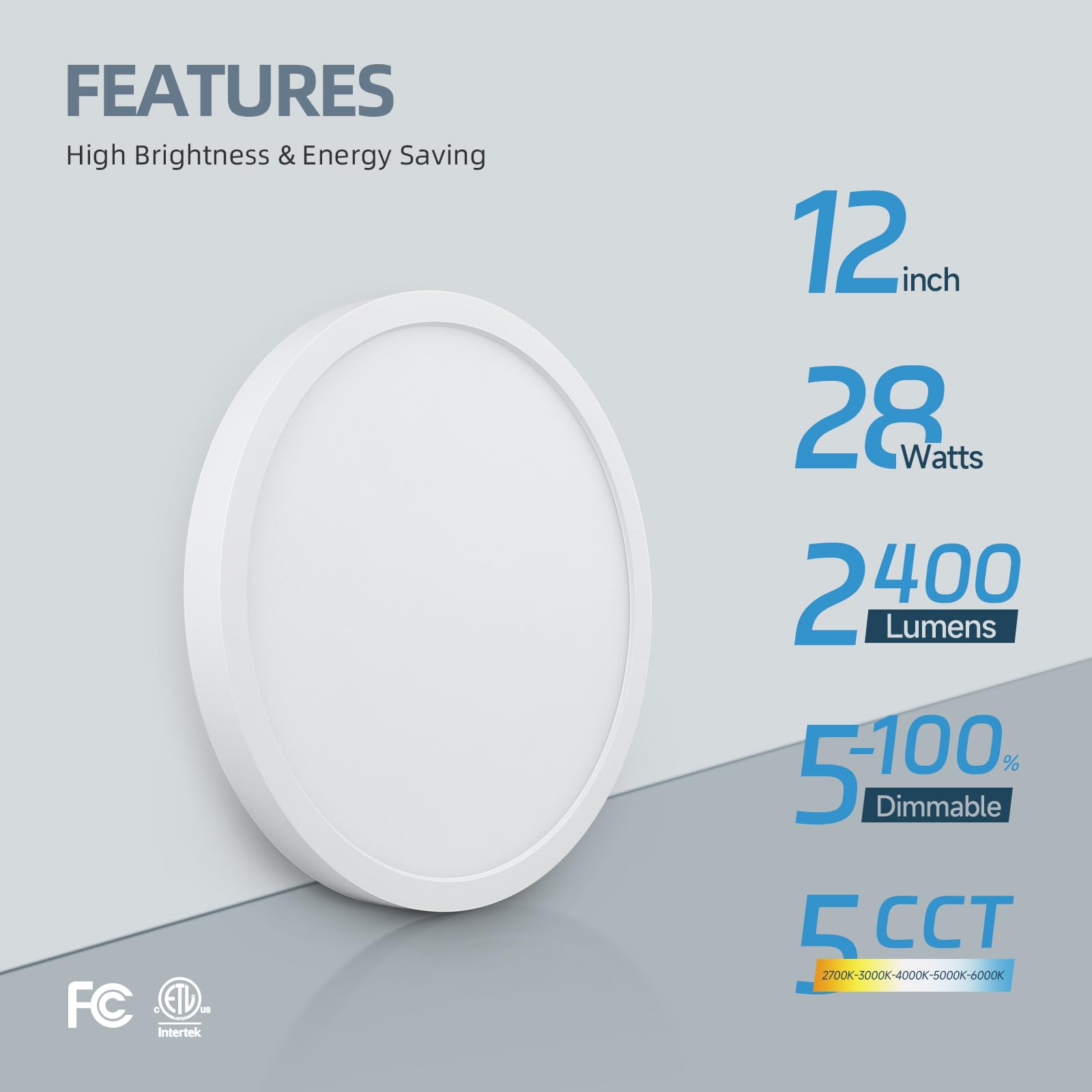 Ecoeler 12Inch Led Flush Mount Ceiling Light  5Cct Selectable Round Flat Panel Light  28W 2400Lm  Dimmable Surface Mount Lighting Fixture For Kitchen  Hallway  Laundry  Etl Listed  2 Pack
