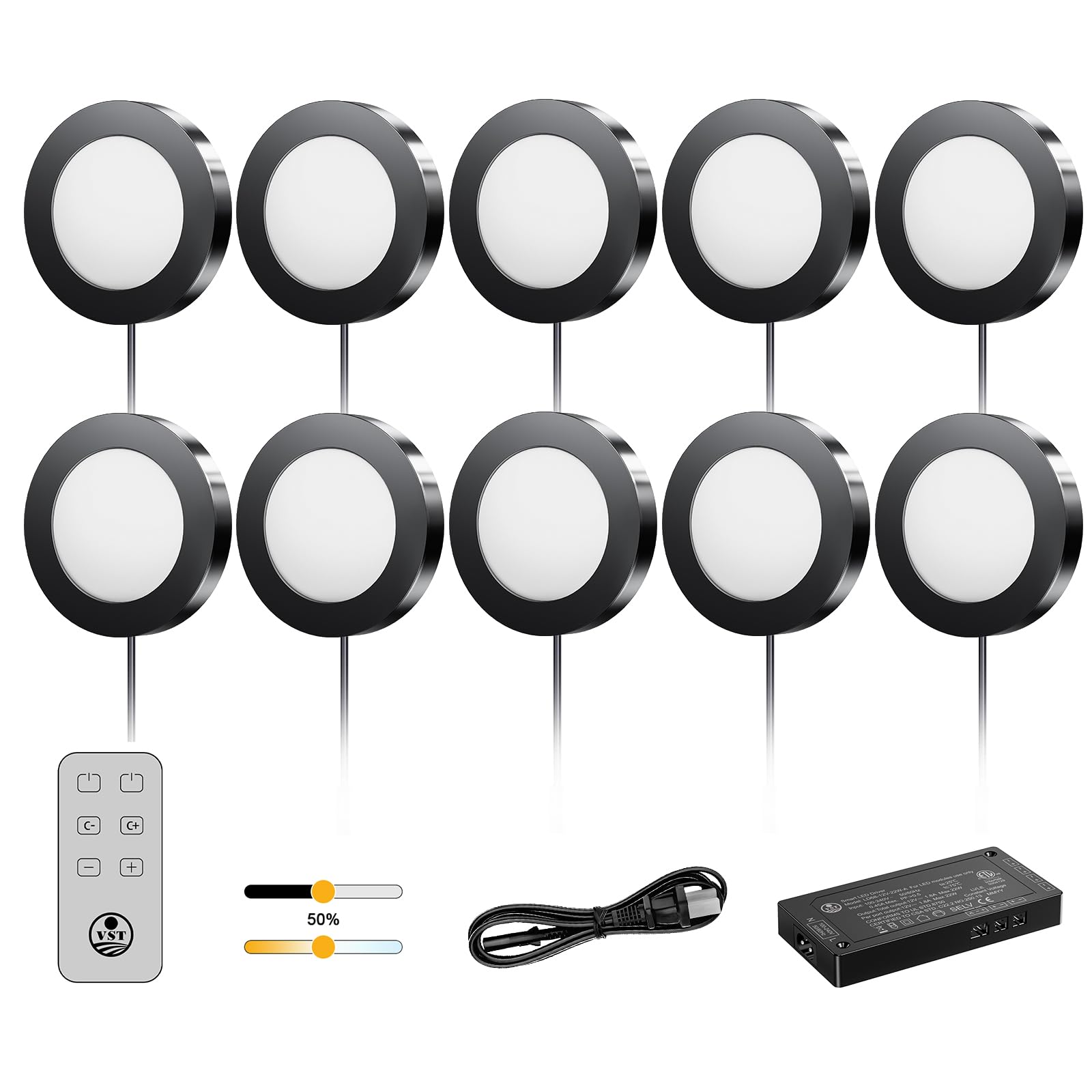 VST Under Cabinet Lights CCT 3000K-6500K, LED Puck Light Color Temperature and Brightness Adjustable with Touch Remote Dimmer ET