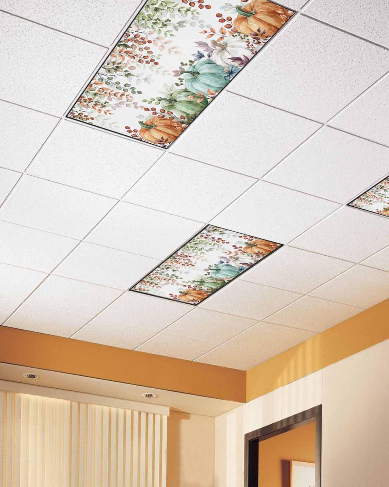 Fall Fluorescent Light Covers For Ceiling Lights Eucalyptus Leaves Magnetic Light Filters 2 Pack 4X2 Ft Sage Green Maple Leaf Pumpkin Thanksgiving Ceiling Lights Cover For Classroom Office Drop Lamp