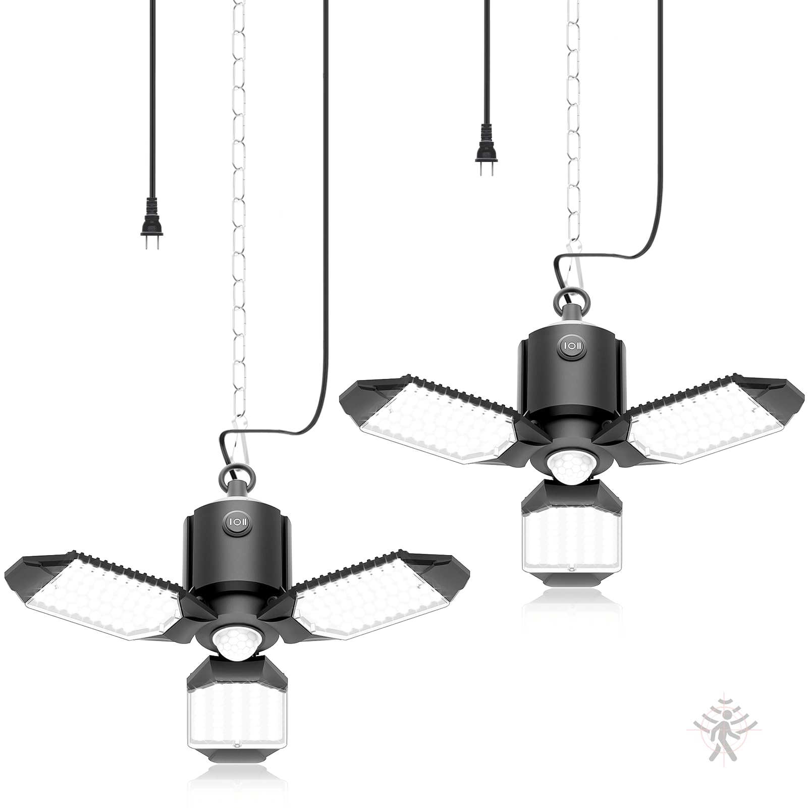 toberich 2 Pack Plug in Motion Sensor Garage Light - 8000LM Shop Light with 3 Modes, 3 Deformable LED Panels, 6500K Indoor Motio