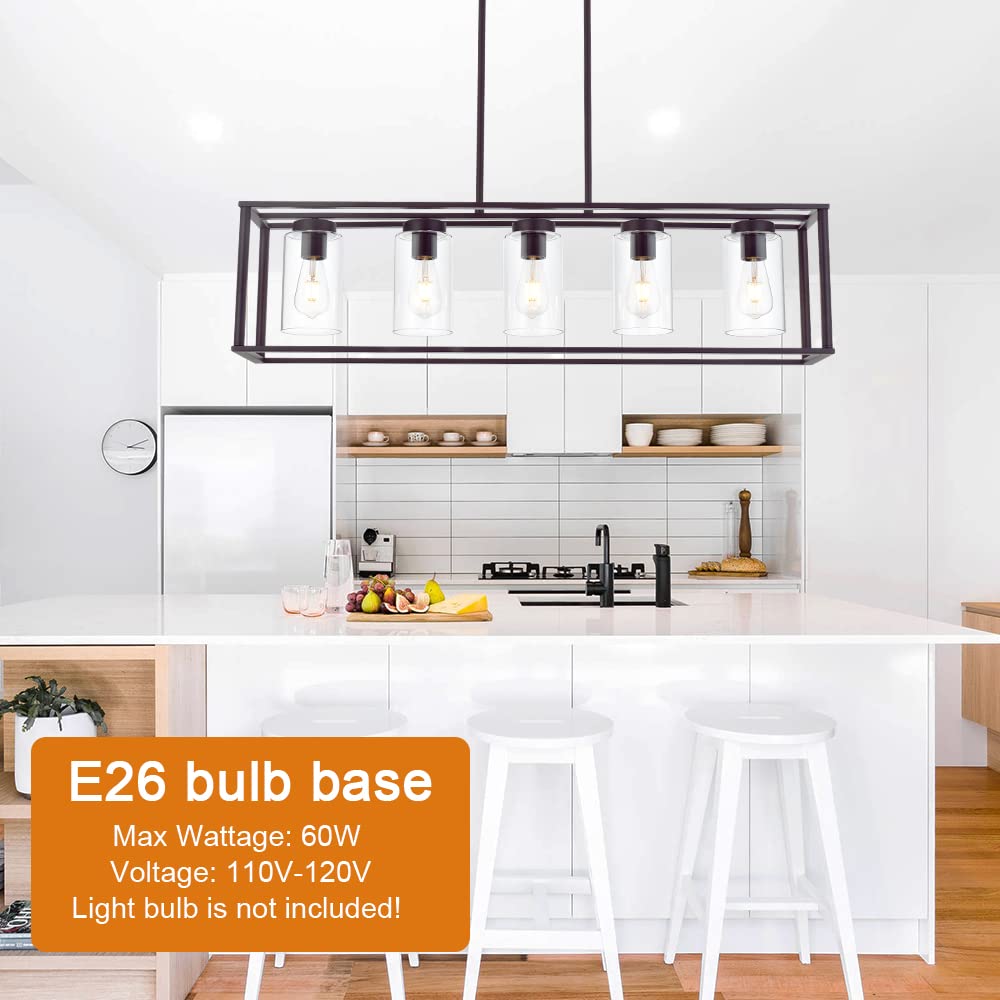 VINLUZ 5-Light Kitchen Island Chandelier, Oil Rubbed Bronze, Modern Metal Linear Pendant Lighting with Clear Glass Shades, Model 1811-5-OB