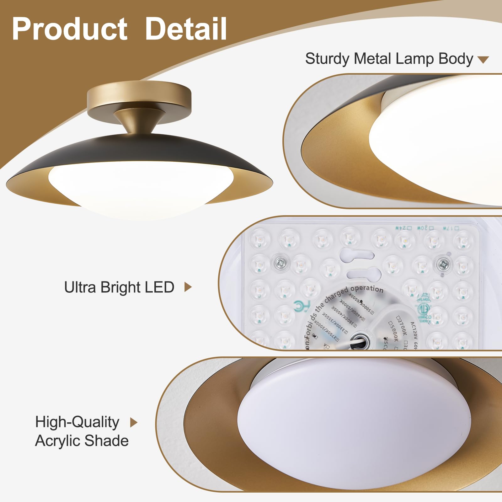 Dimmable Modern Mid-Century Ceiling Light, Black And Gold Led Semi Flush Mount Ceiling Light, 5Cct 2700K-6000K Lighting Fixture Ceiling Lamp With Acrylic Shade For Bedroom Hallway Kitchen, 11.8In