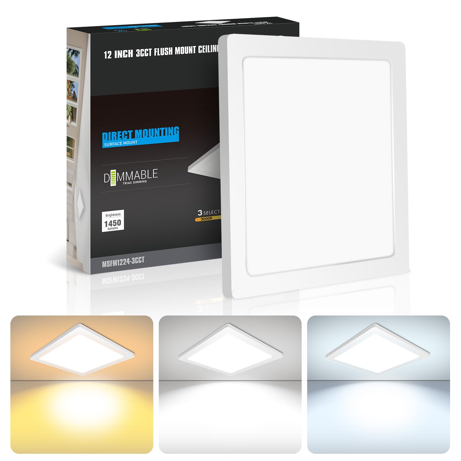 Mw 12 Inch Square Ceiling Light, 24W 120V, 3000K/4000K/5000K Adjustable, Dimmable Slim Led Ceiling Light, Close To Ceiling Light