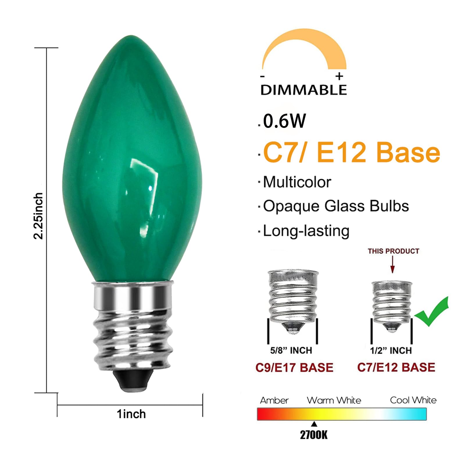 GOOTHY C7 LED Replacement Christmas Light Bulb, Green, E12 Base, Dimmable, 0.6W, 25 Pack for Outdoor String Lights and Chandeliers