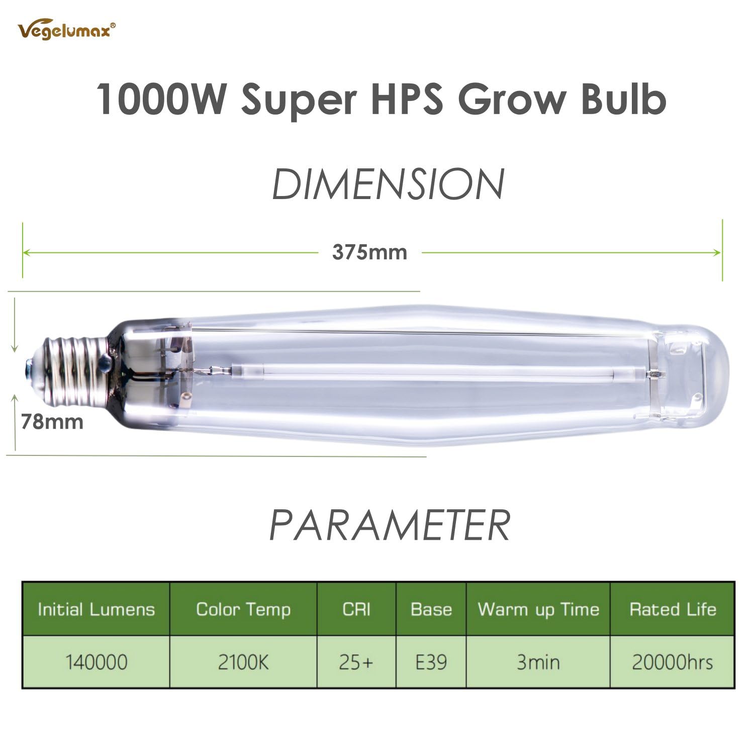 Vegelumax 1000Watt Hydroponic High Pressure Sodium Hps Grow Light Bulb Lamp,High Par Enhanced Red And Orange Spectrums, Cct 2100K, Ultra Bright 140,000 Lumens,E39 Base,2Pack
