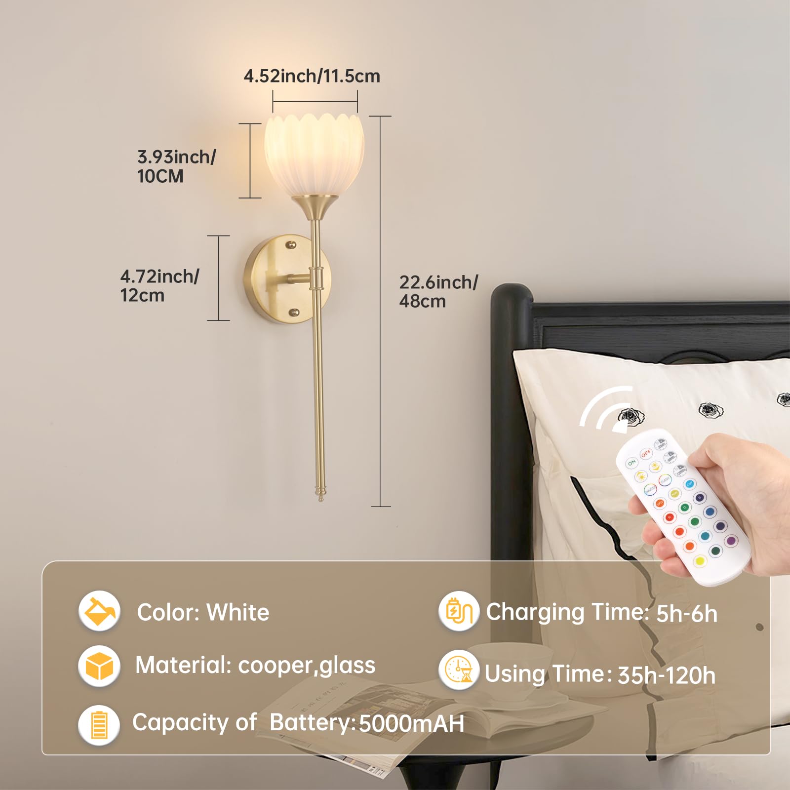 Shenmoyl Battery Operated Wall Sconce Set of 2, Vintage Glass Light Fixture, Rechargeable, Tulip White-Sceptre Brass, Model 295af6ef
