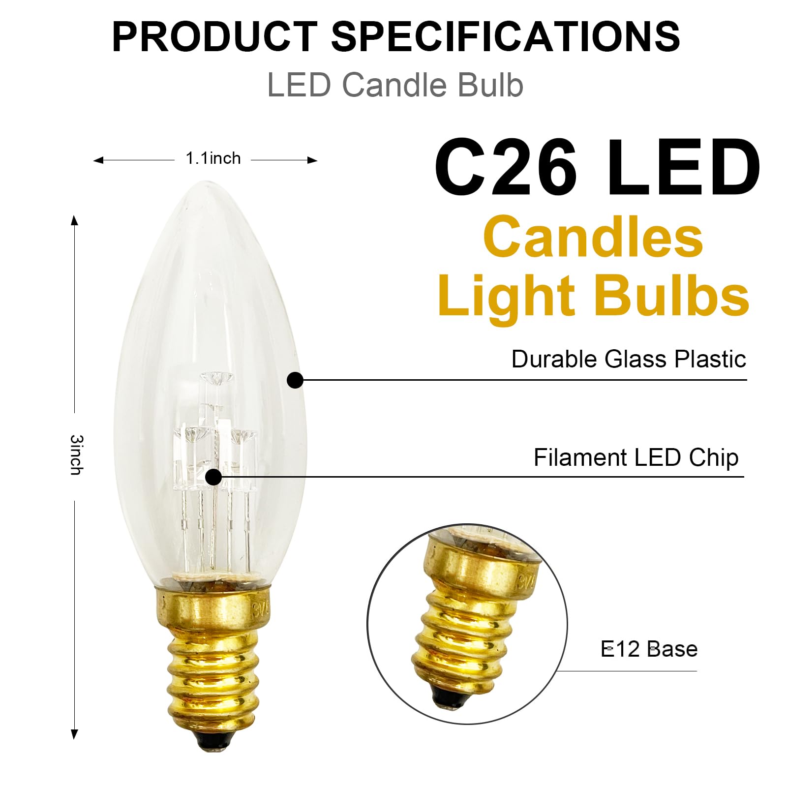 6 Pack C26 Led Replacement Bulbs,3V Clear Torpedo Tip Light Bulbs,E12 Candelabra Light Bulbs Soft White Glass Light For Battery