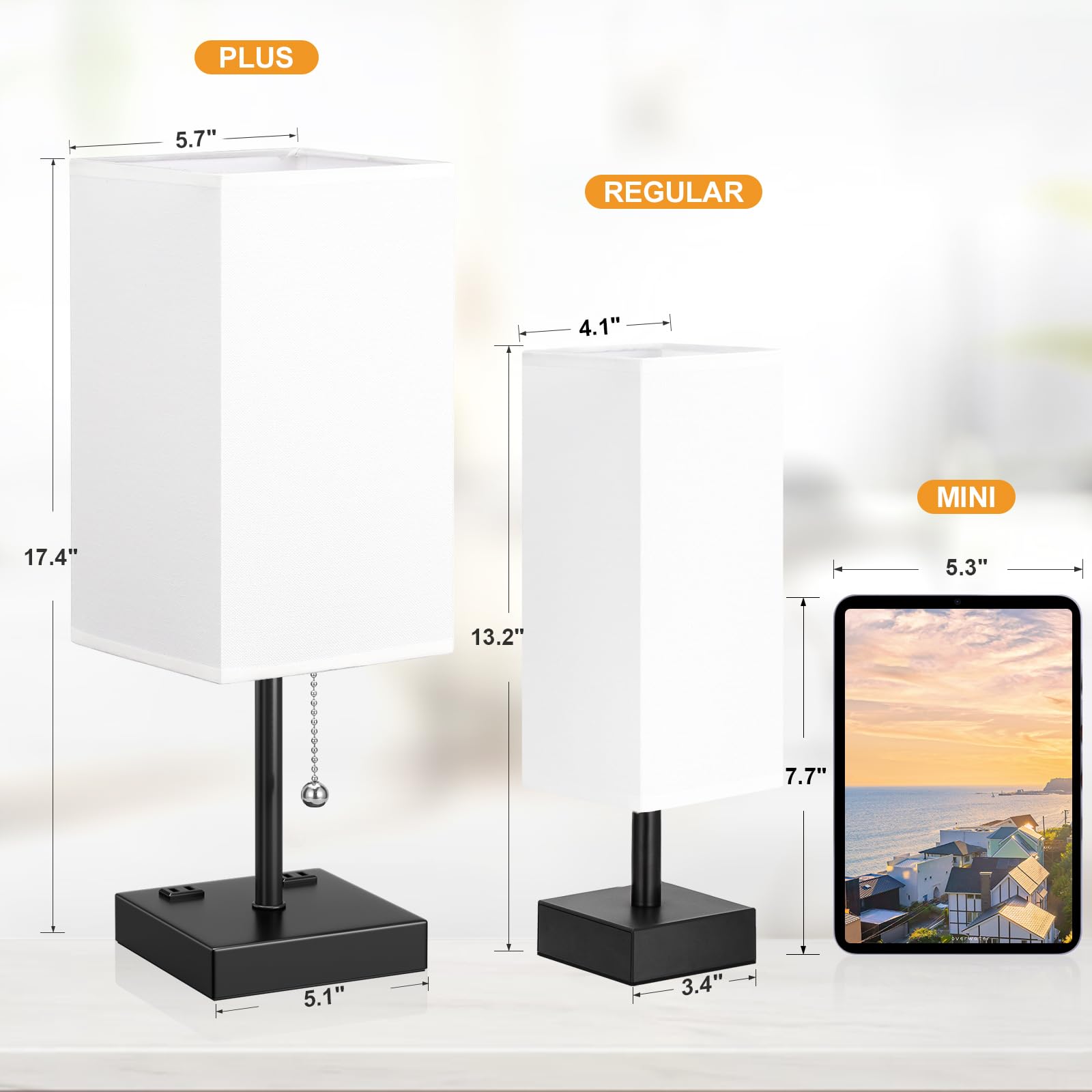 Aooshine White Medium Table Lamp With Usb Ports - 3 Color Temperature Bedside Lamp For Bedroom, Pull Chain Control, Usb A And C