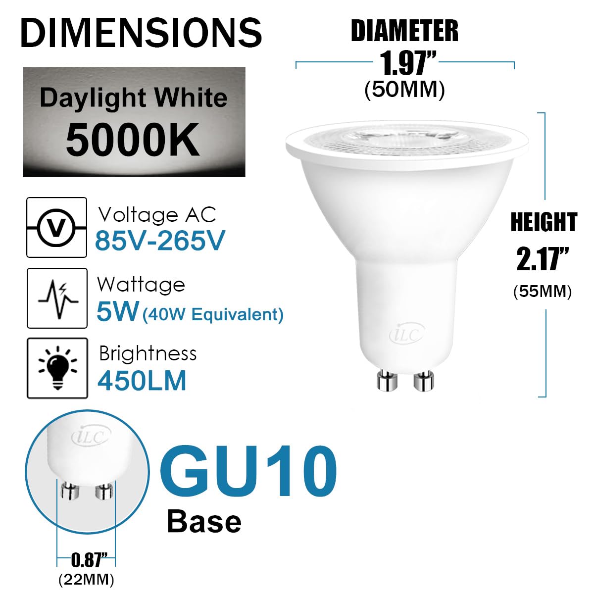 ILC GU10 LED Light Bulb, 5W Dimmable, 12 Color RGB, Daylight White 5000K, 4 Pack, Remote Control, Iron Material