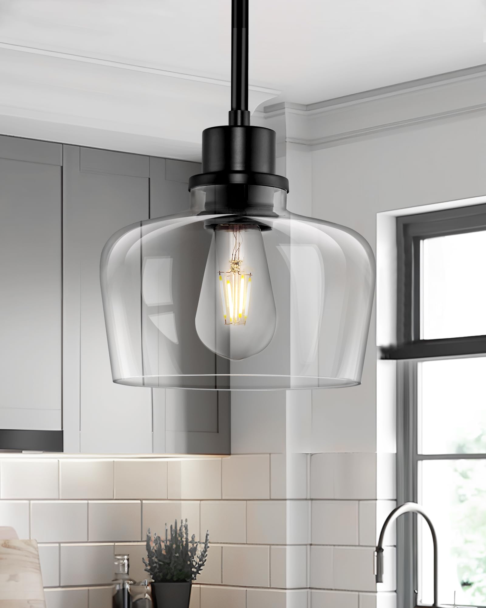 Emak Modern Black Pendant Lights, 8 Inch Kitchen Pendant Lighting Over Island With Clear Glass Shade, Farmhouse Hanging Lights F