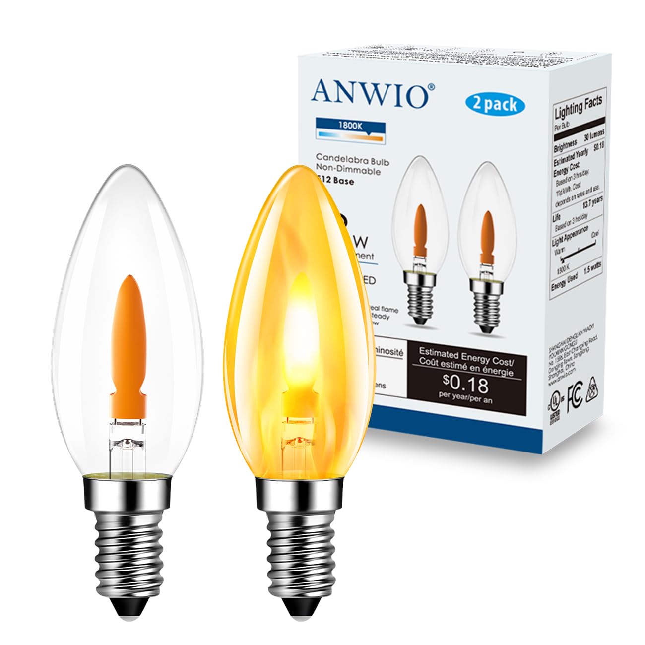 Anwio Flicker Flame Light Bulb 1.5W=3W  Nondimmable Flame Tip 1800K Warm Light Orange Glow Bulbs Crystal Clear Candle Bulb For E12 Chandelier Base (Clear  C35E12(2Pack))
