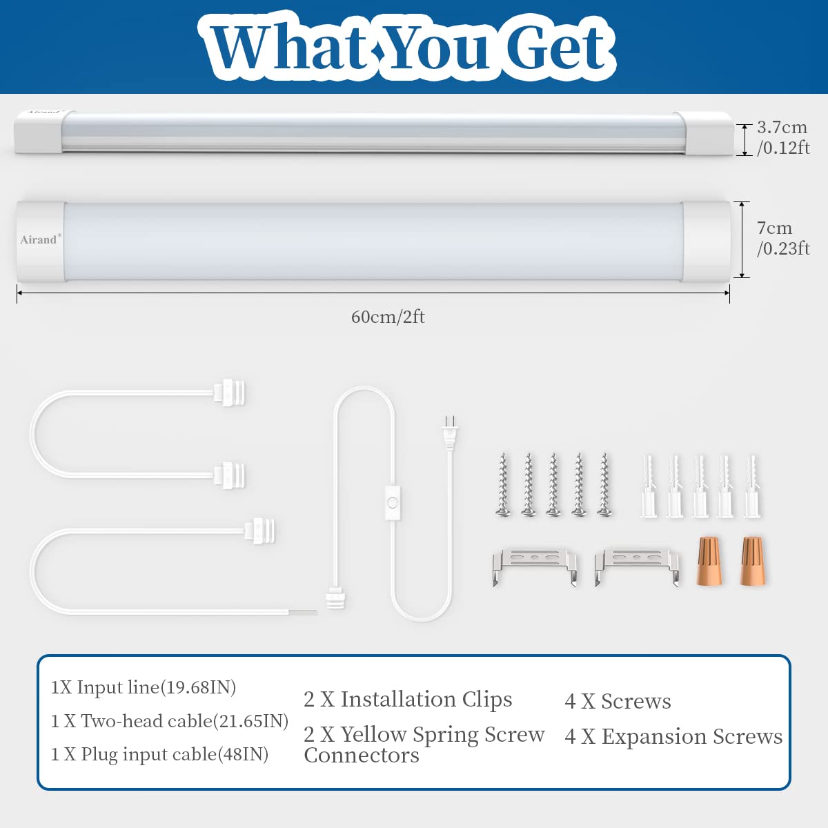 Airand 2FT LED Shop Light Fixture, Linkable Under Cabinet Lighting, 5000K, White, 18W, Corded with ON/OFF Switch