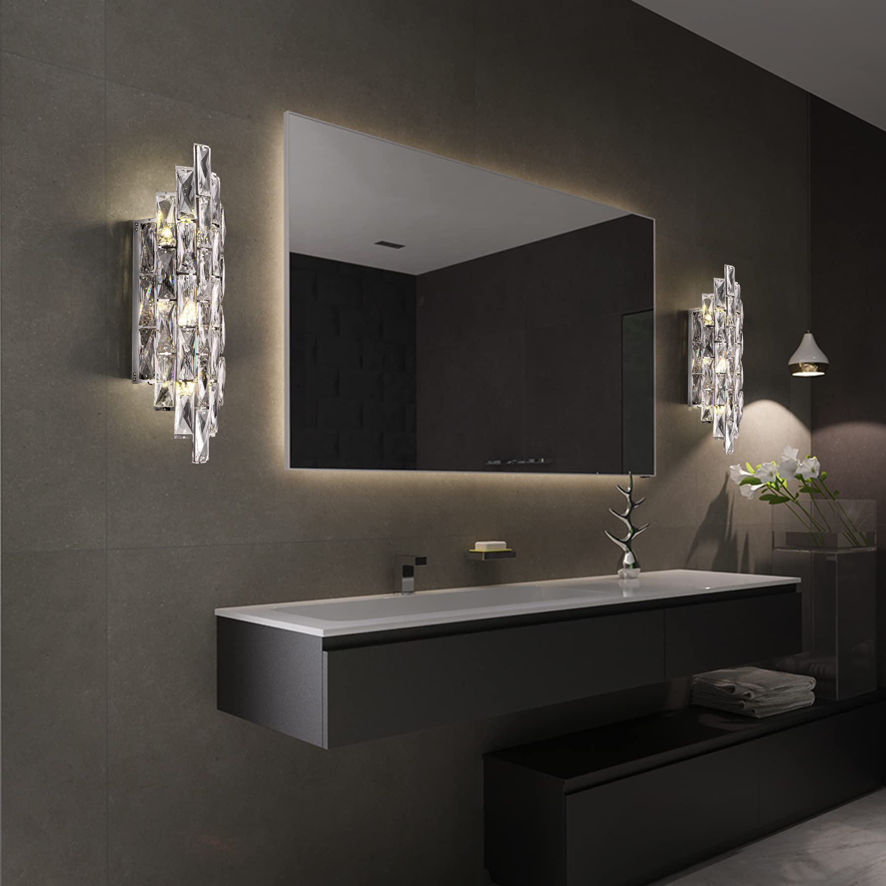Modern Crystal Wall Sconces,Chrome Wall Light Fixtures, Luxury Indoor Wall Lamp,Crystal Vanity Wall Mount Lamps,Wall Lighting For Living Room Bedroom Bathroom Bedside Hallway Stairway Doorway Mirro