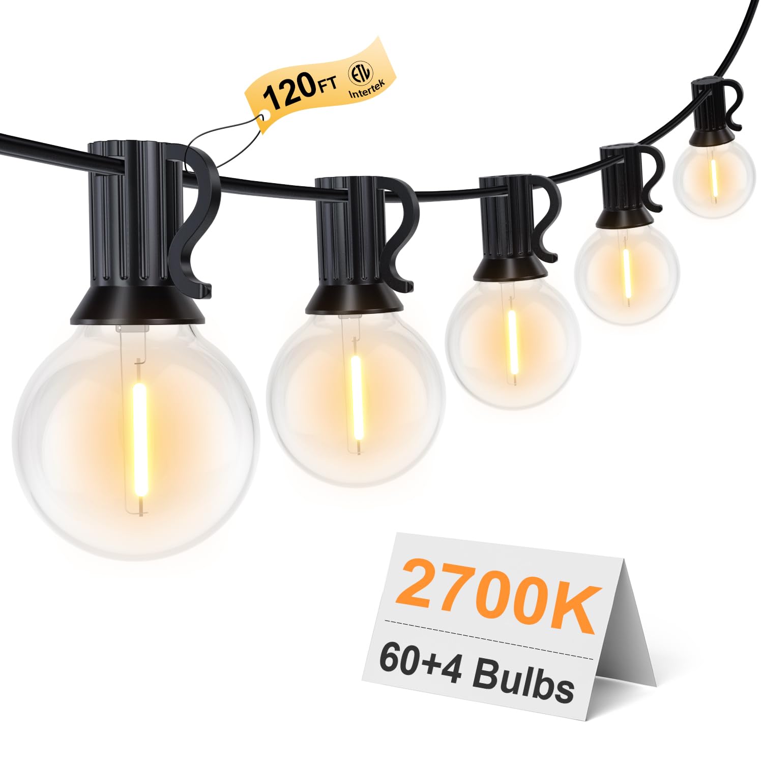 Gpatio 120Ft Outdoor String Lights, Waterproof Patio Lights With 64 Hanging Lights Globe G40 Bulbs, 2700K Shatterproof For Backy