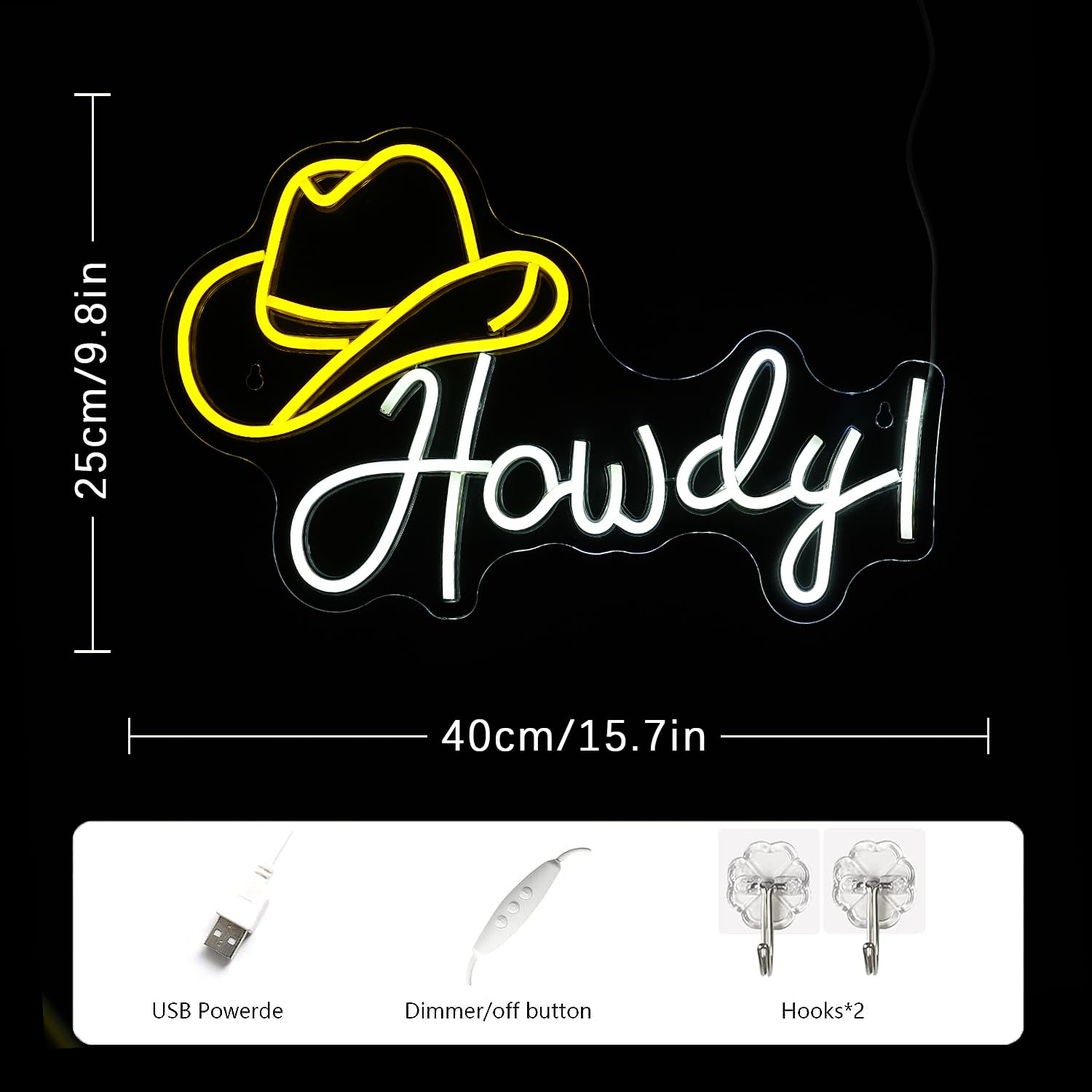 LMSIGNLY Neon Cowboy Hat Sign - Dimmable LED Light, USB Powered, Yellow White, Model: Howdy