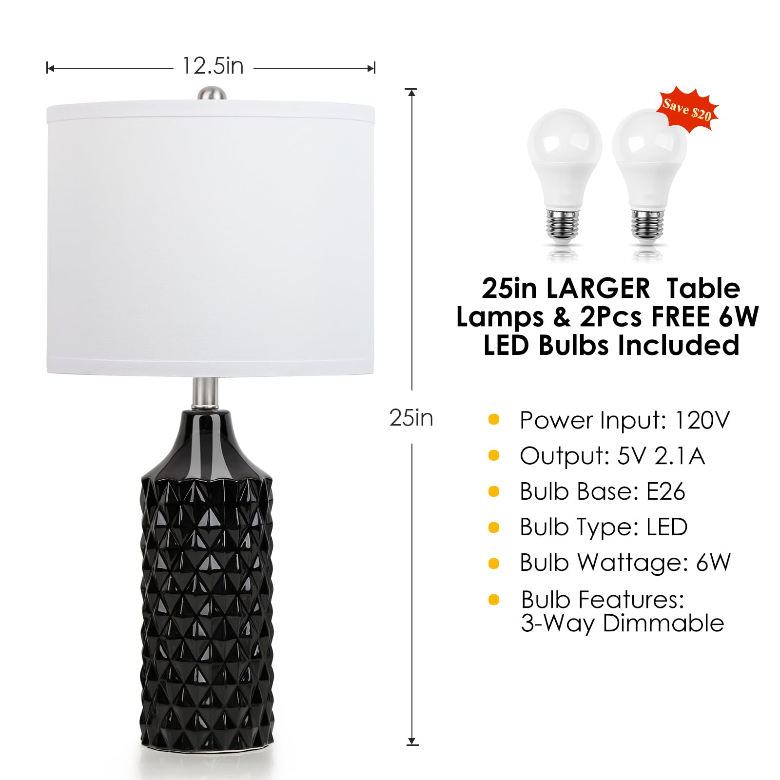 Qingmiao Ceramic Table Lamps Set Of 2, 25&quot; 3-Way Dimmable Black Nightstand Lamps, Bul