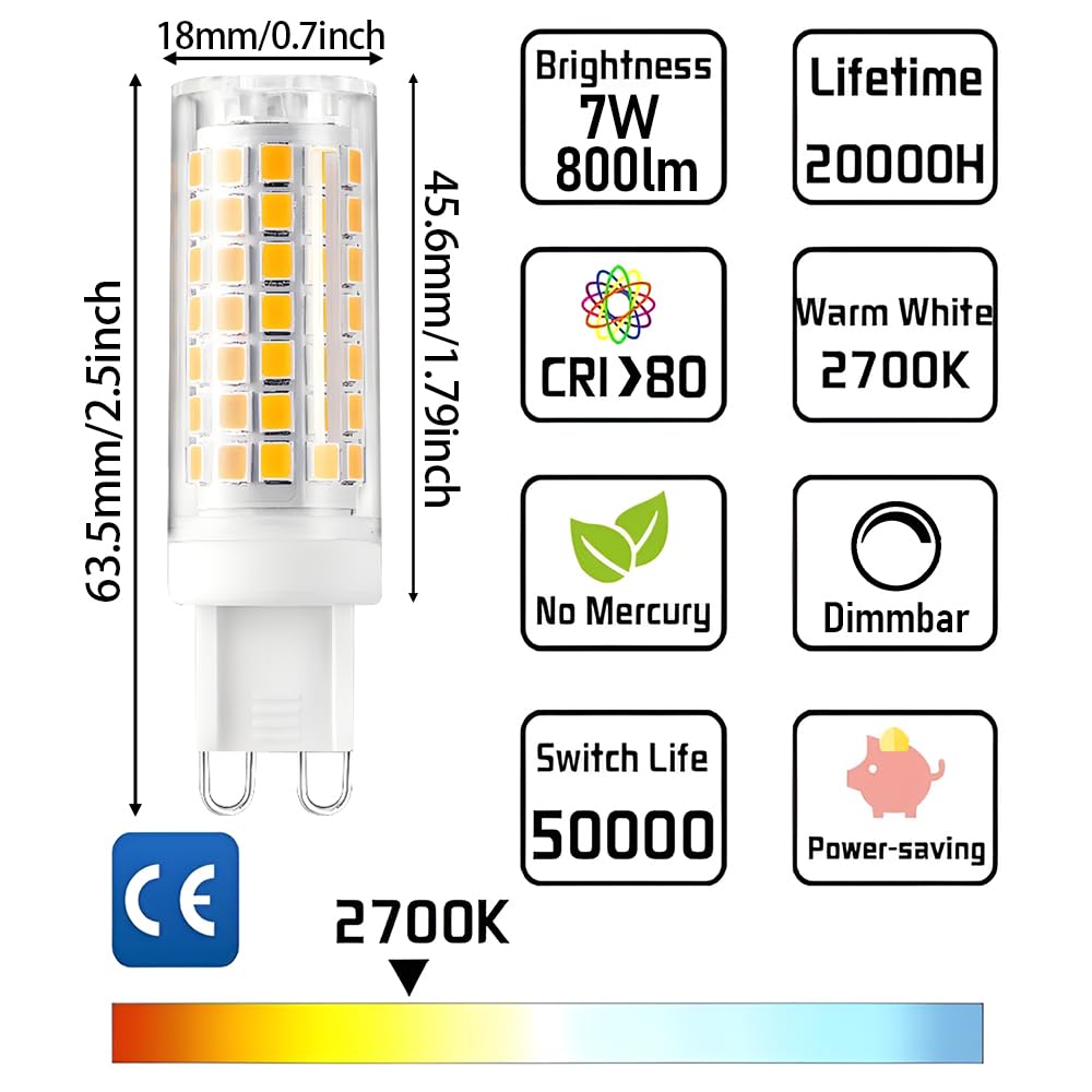 Geminilite G9 Led Bulbs Dimmable 2700K G9 Bi-Pin Base T4 7W Replacement For 70 Watts Halogen,120V 800 Lumen 360Beam Angle Soft W