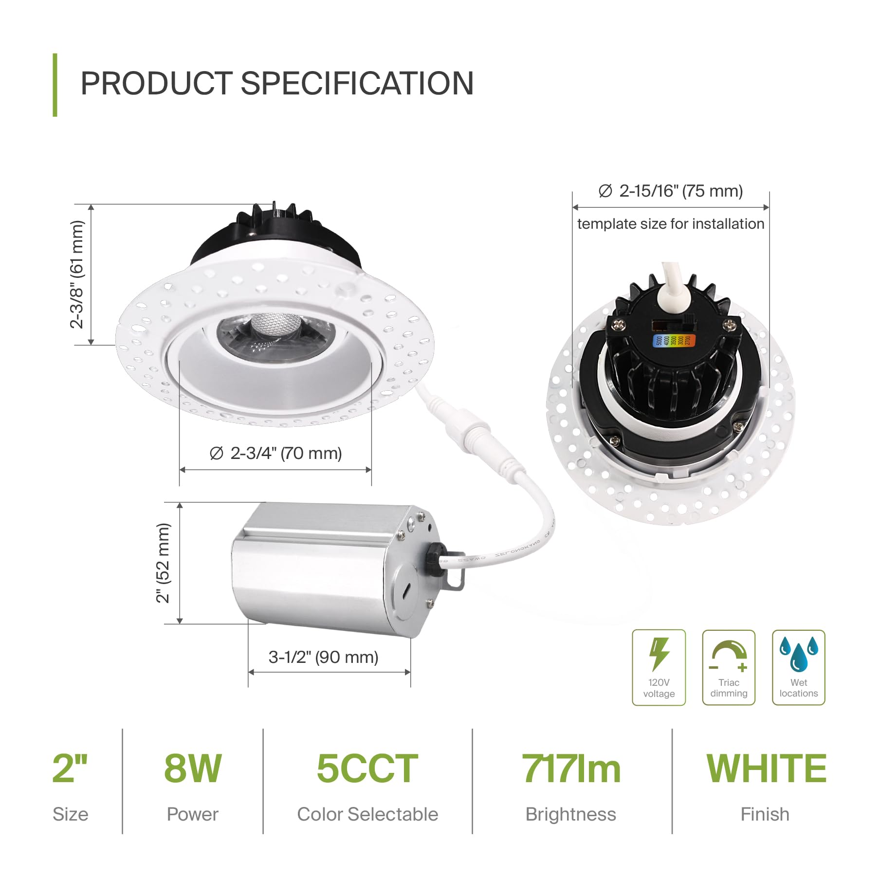 ASD Trimless Gimbal LED Downlight 8W 120V 2in Adjustable Dimmable White Model A-CD-TG-2D8AC-WH