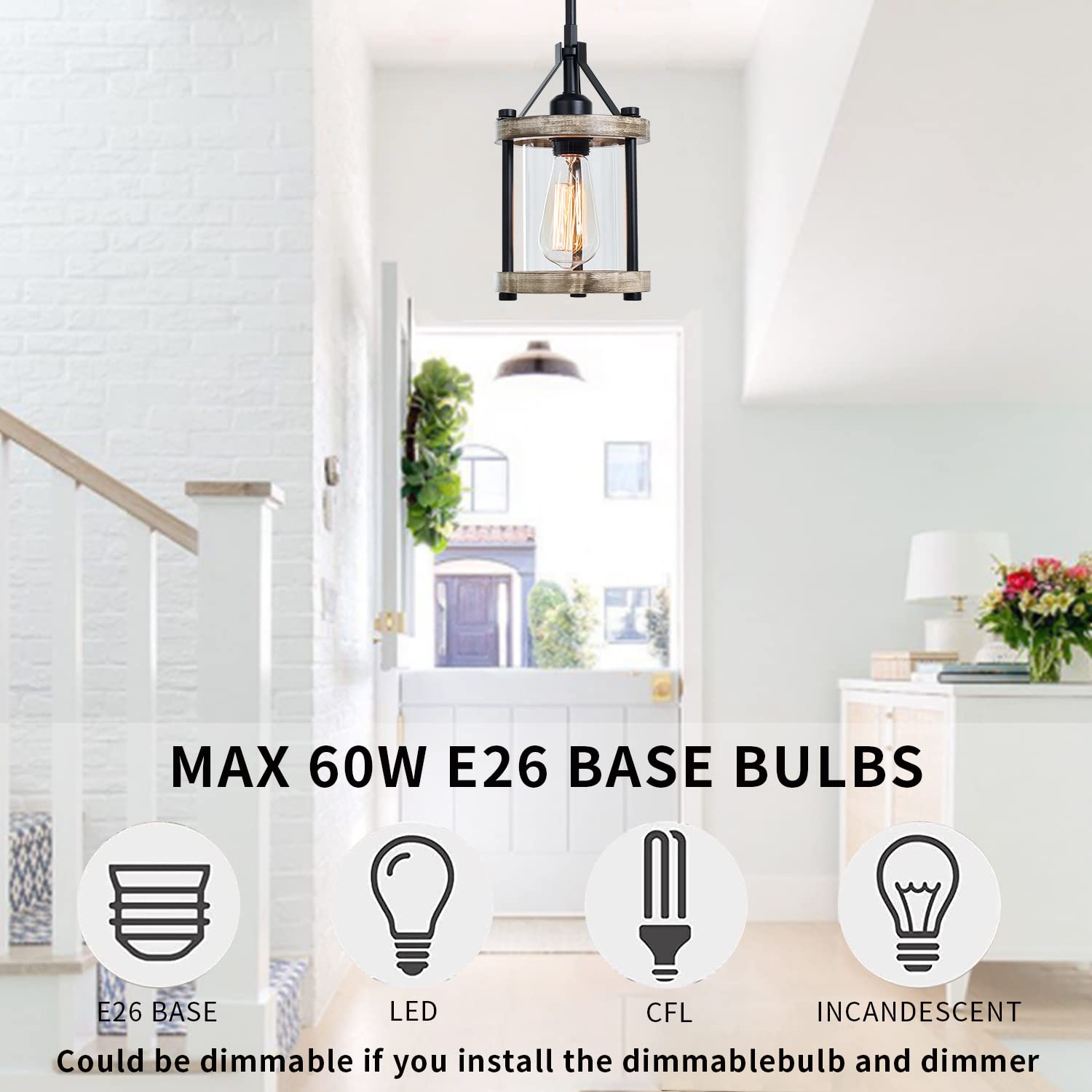 Ejerlya Farmhouse Pendant Light, Rustic White Wood Metal Cage Hanging Light Fixtures With Glass, 43 Inch Adjustable For Flat And Slop Ceiling, Pendant Lighting For Kitchen Island Foyer Hallway, 2 Pack