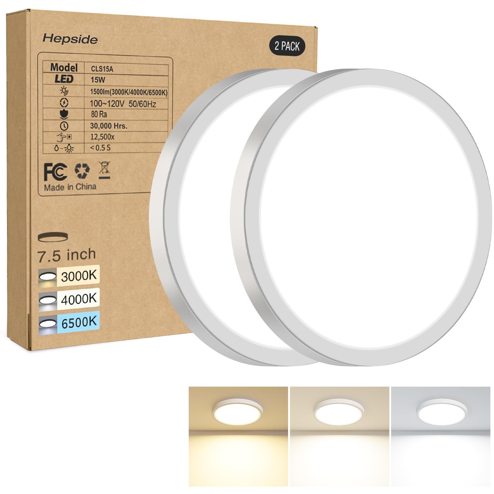2Pack Led Flush Mount Ceiling Light, 3000K-4000K-6500K & 100W Equivalent Modern Kitchen Recessed Ceiling Lamp 15W 1500Lm 7.5 Inc