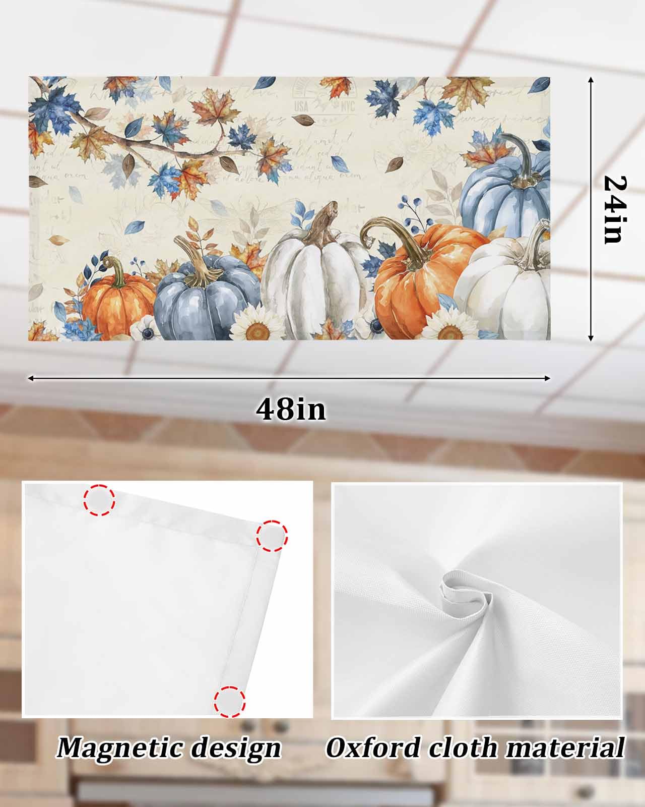 Fall Fluorescent Light Covers For Ceiling Lights Autumn Maple Leaves Magnetic Light Filters 2 Pack 4X2 Ft Floral Orange Blue Pumpkin Thanksgiving Ceiling Lights Cover For Classroom Office Drop Lamp