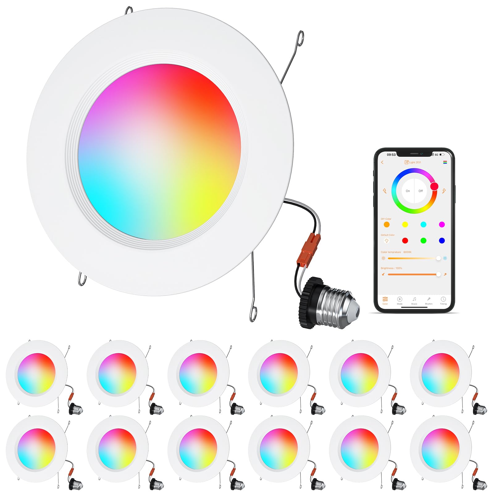 Hydong Color Changing Led Can Lights 12Pack Retrofit Led Recessed Lighting 5/6Inch 13W 1050Lm Smart Recessed Can Lights Compatible With Alexa Bluetooth App Control For Bedroom Kitchen Living Room