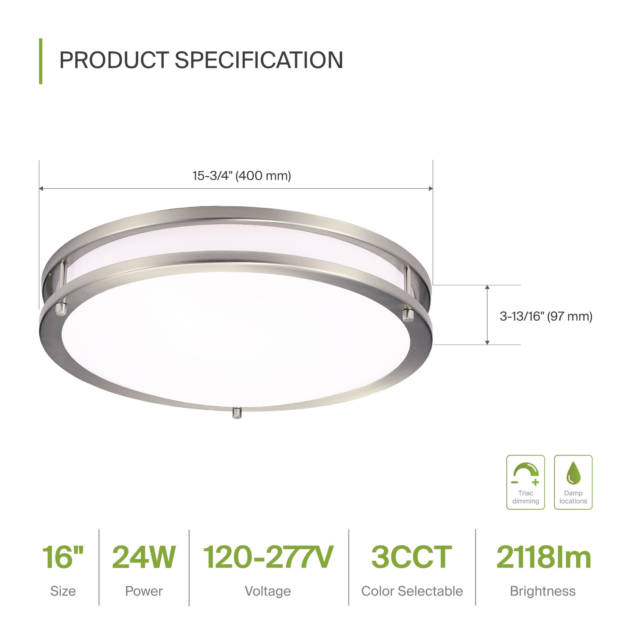 ASD LED Flush Mount Light Fixture 16 Inch 24W 2150LM Dimmable 3000K-5000K Brushed Nickel Model A-DR-MV-16D24