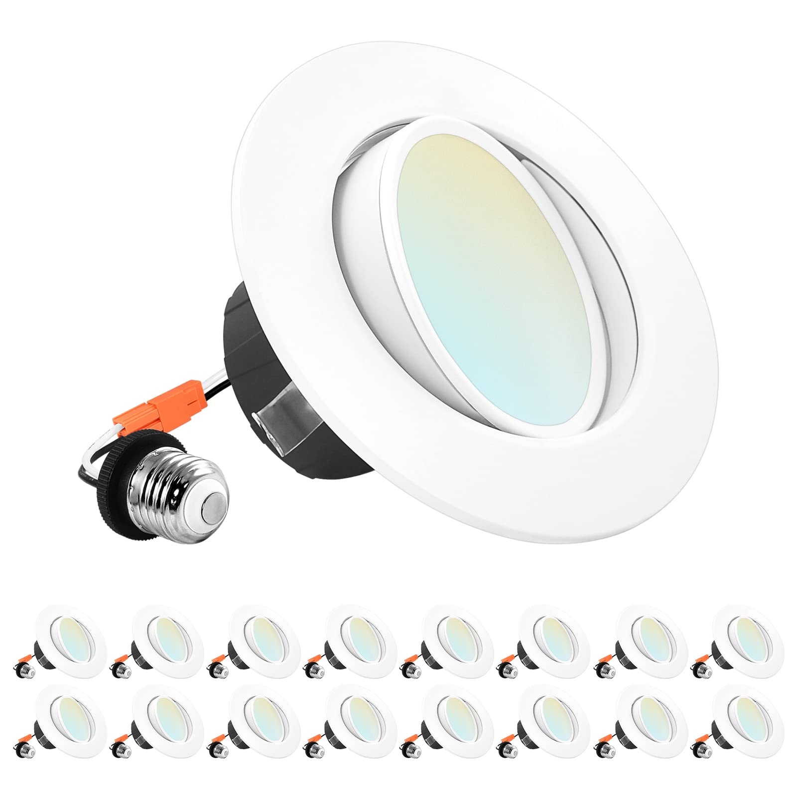 LUXRITE 16-Pack 4 Inch Gimbal LED Recessed Lighting Can Lights, 8W=60W, 5 Color Selectable 2700K-5000K, CRI 90, Dimmable Adjusta