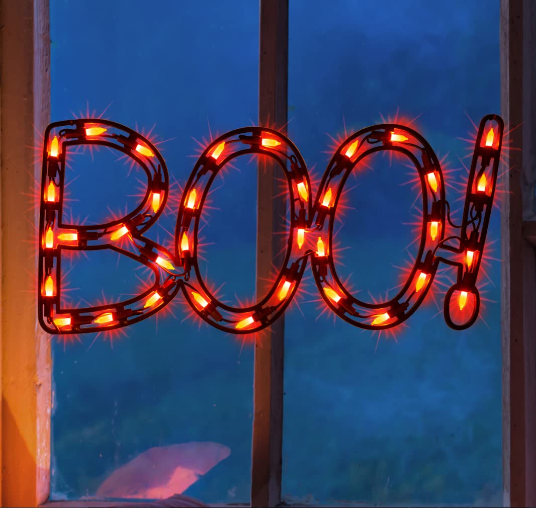 JUSTPRO 13.3" Lighted Boo Halloween Window Silhouette Decoration,Halloween Lighted Window Decoration,Hanging Light Up Holiday Ornament