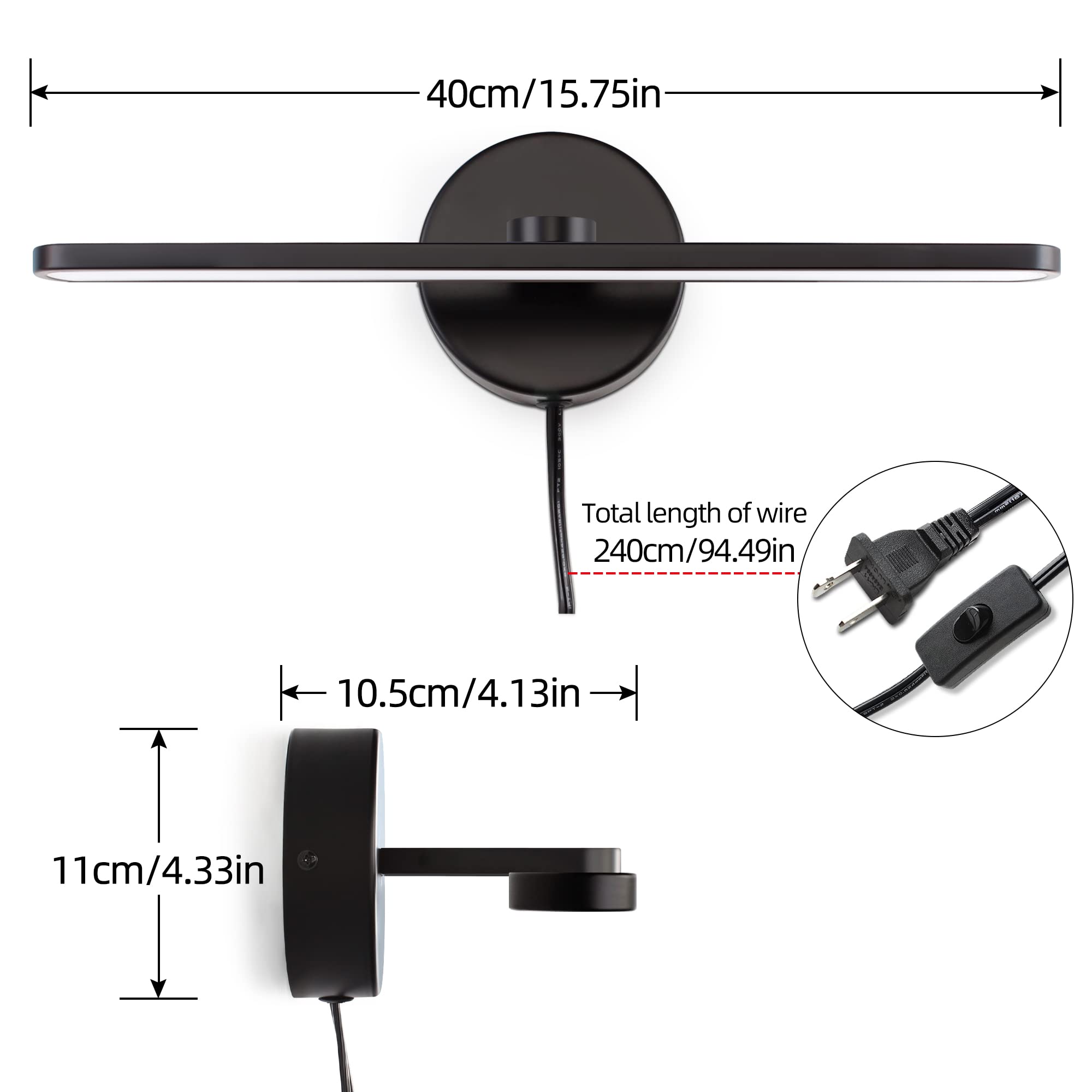 Mantolite Led Vanity Lighting Fixtures, 15.75 Inch Wall Mounted Plug In Light Fixtures, Bathroom Over Mirror Lamp Modern Home Wall Picture Lamps Sconces, 12W 3000K Black Make-Up Mirror Front Lamps