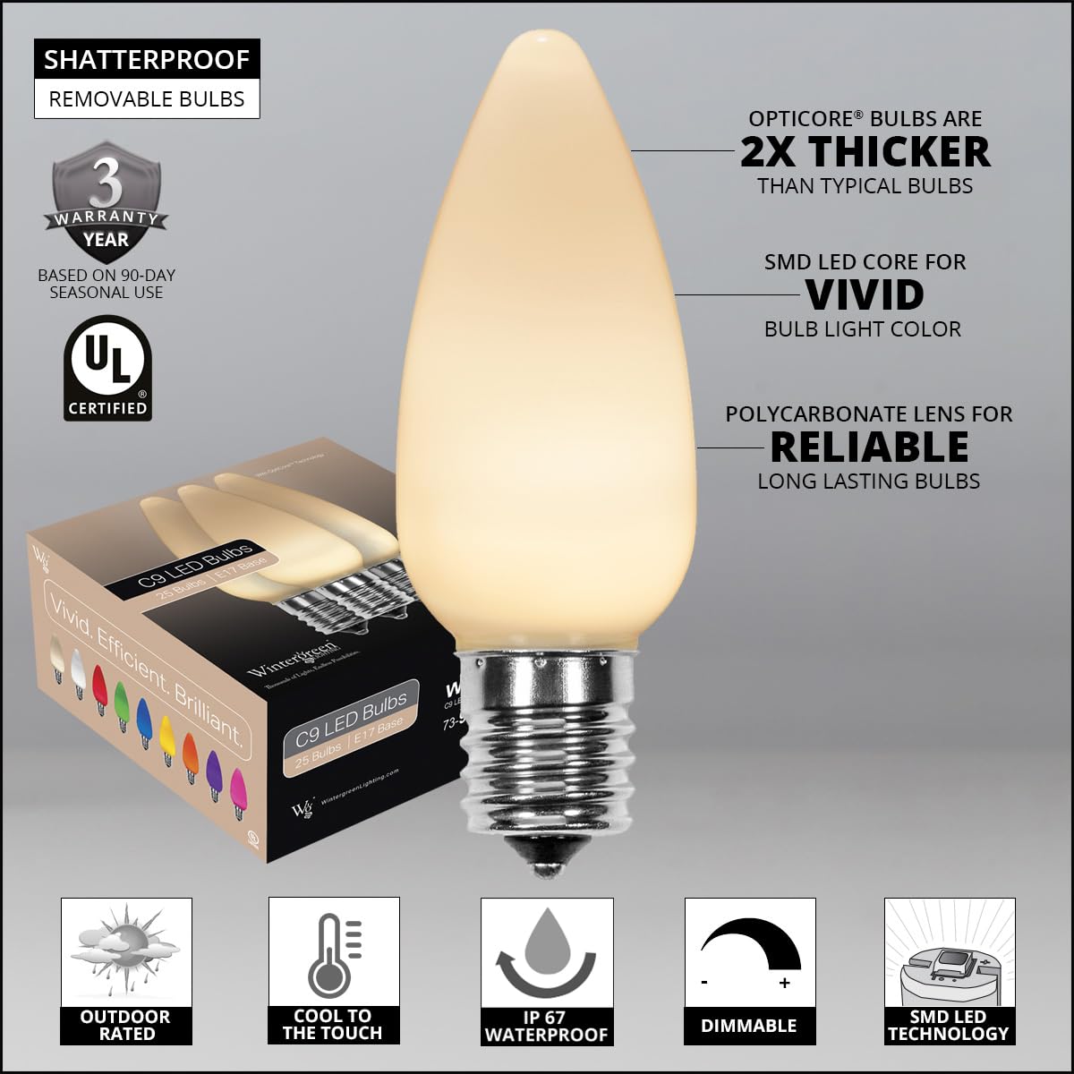 Wintergreen Lighting 25-Pack Opticore C9 Led Warm White Christmas Light Bulbs - Replacement Led Christmas Lights Heavy Duty Vintage Ceramic Style Bulbs  E17 Base (Warm White Smooth)