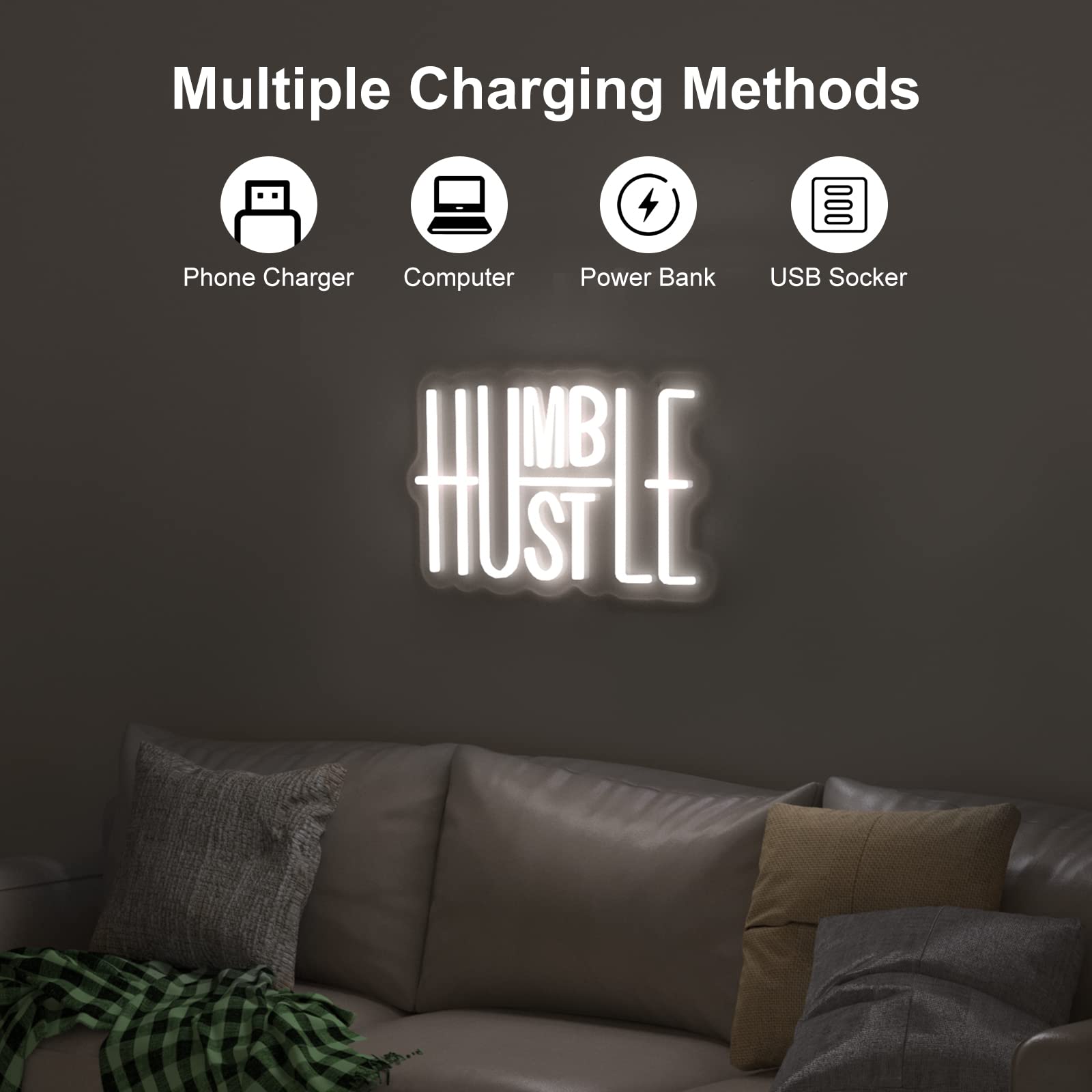 Yikbik Hustle Led Neon Sign - Adjustable Brightness, Usb Powered Wall Decor For Office & Gamer Room