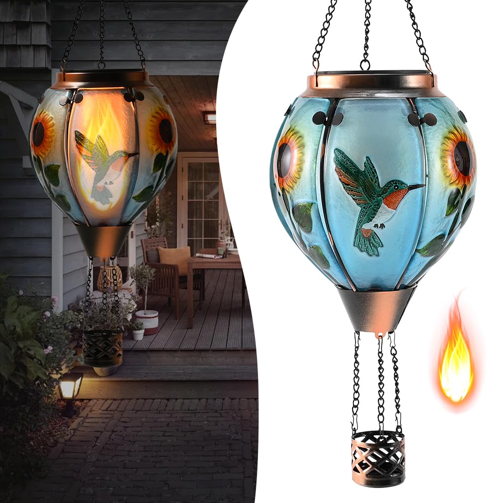 Hot Air Balloon Solar Lantern - Hummingbird Glass Lantern, Simulated Flickering & Dancing Flame, Outdoor Hanging Sunflower Yard 