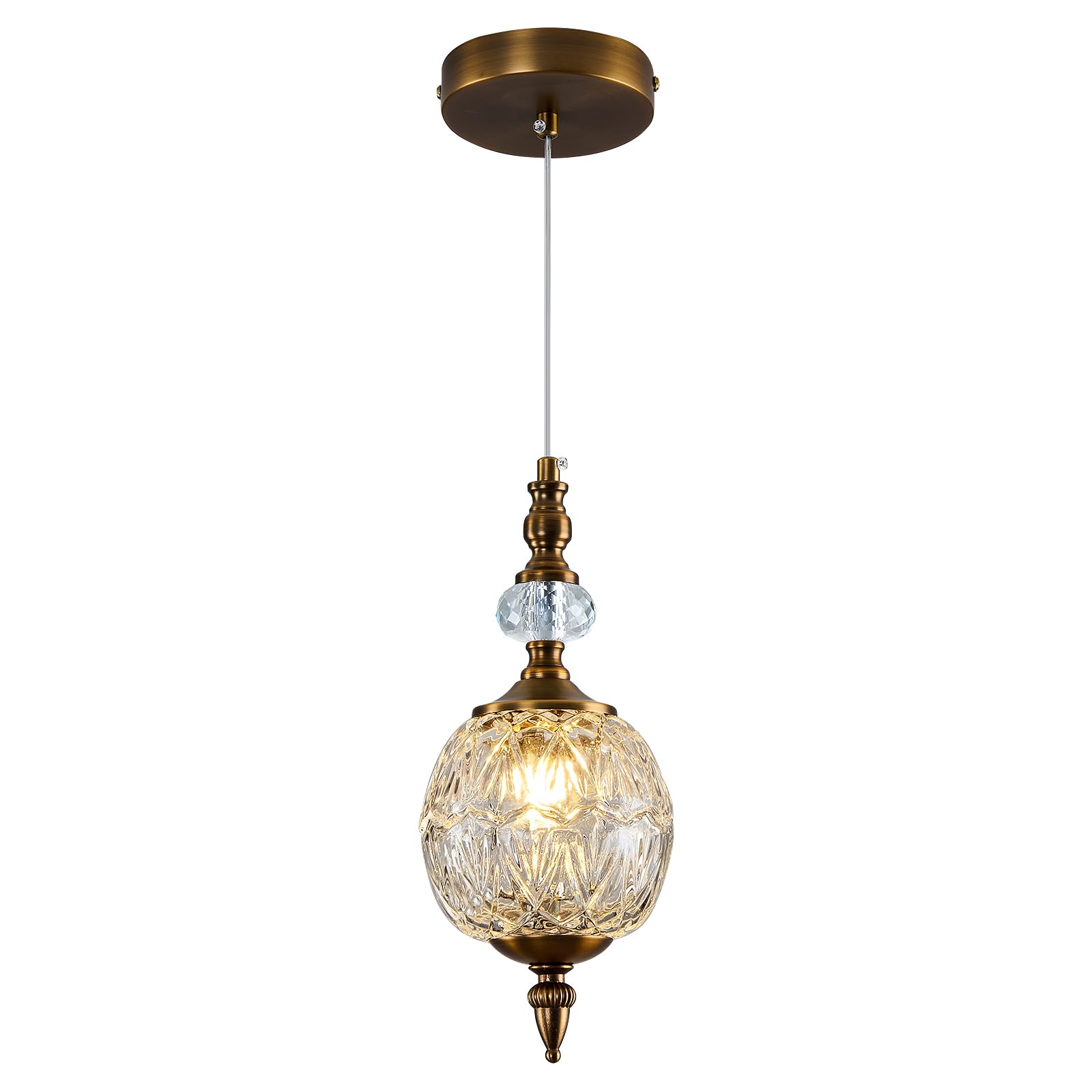Piepooye Vintage Glass Pendant Light Antique Brushed Gold Chandelier 4.72 Mini Adjustable Hanging Ceiling Light Fixture for Kitc