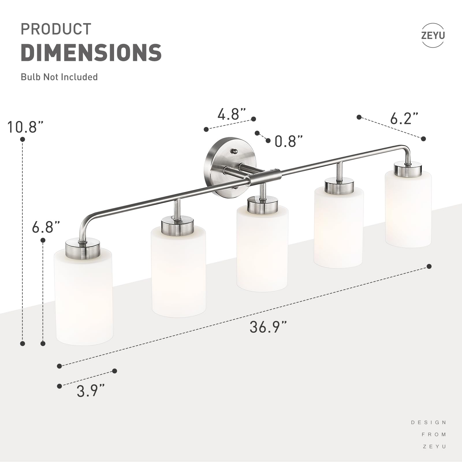 Zeyu Modern Bathroom Wall Sconce  5-Light Wall Mirror Light  Vanity Lighting Over Mirror  Brushed Nickel Finish With Milky White Glass Shade  Zs62B-5W Bn